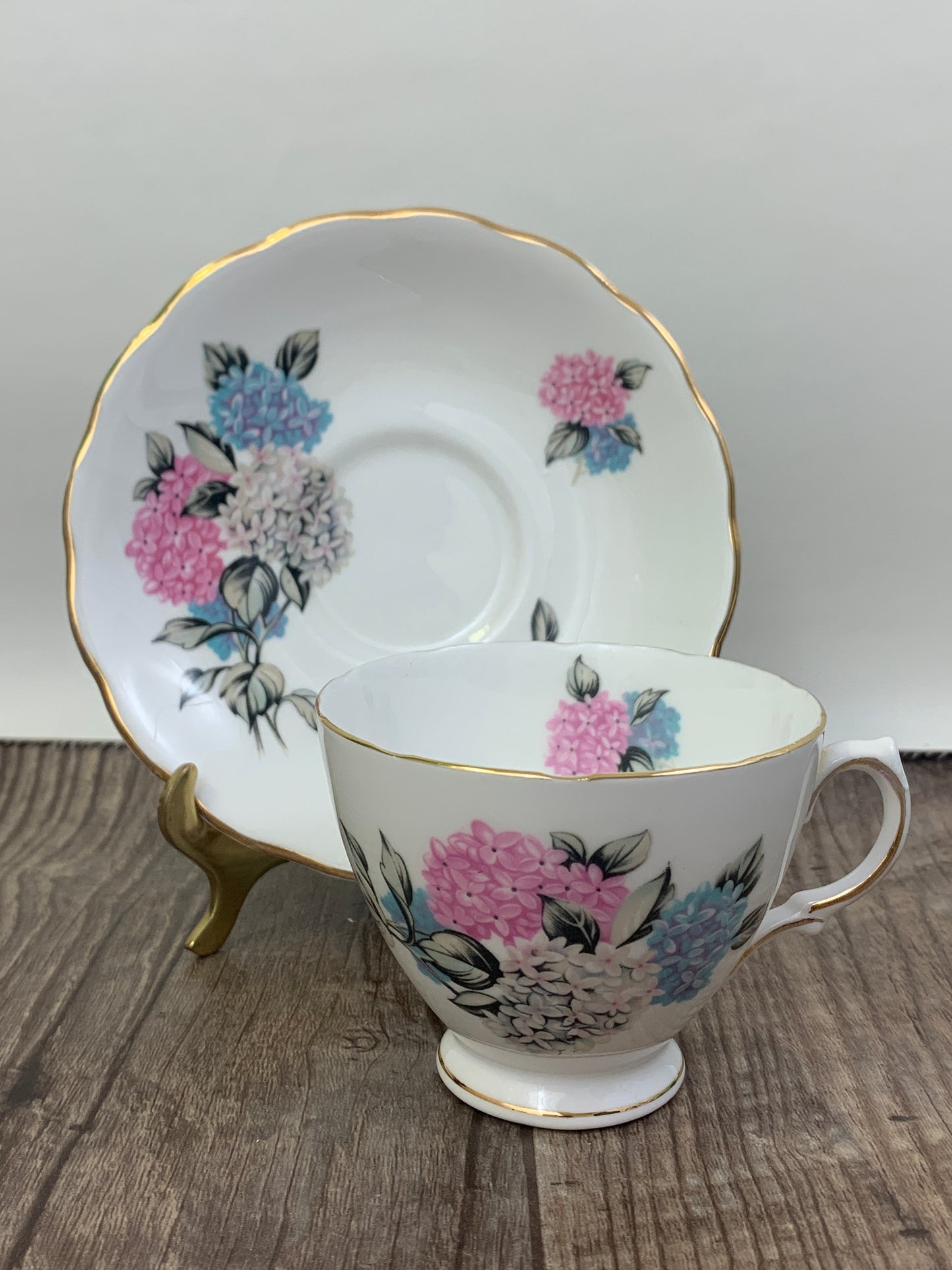 Vintage Teacup with Pink and Blue Hydrangeas