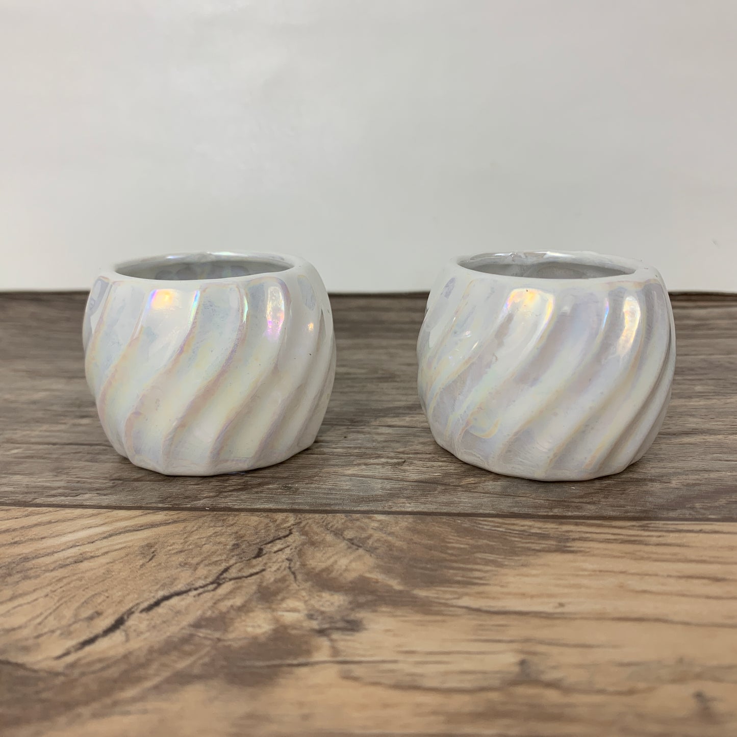 Pair of Iridescent Napkin Rings, White Lusterware Ribbed Napkin Rings
