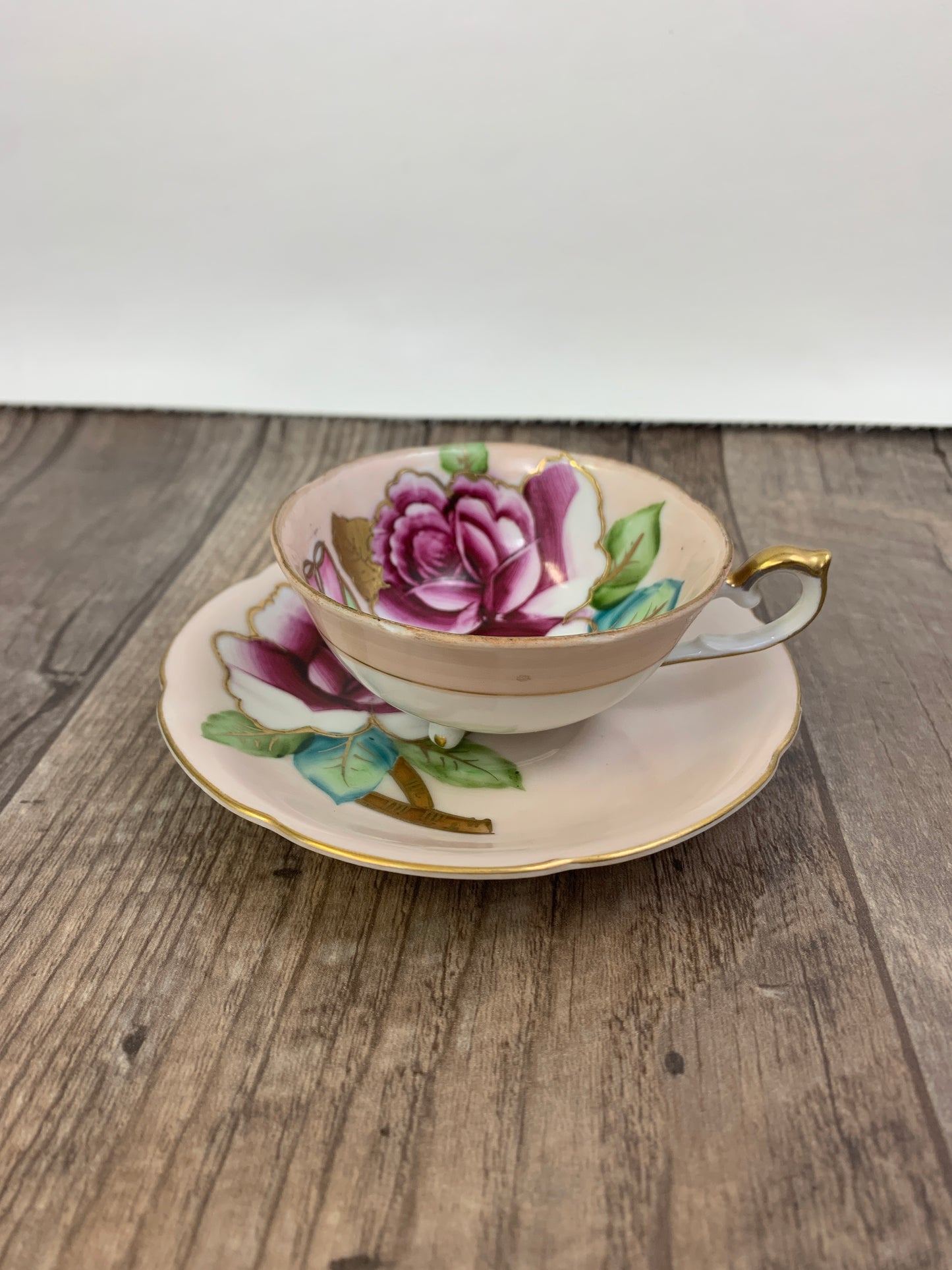 Trimont China Hand Painted Demi Tasse Cup Hand Painted Teacup and Saucer Hand Painted Pink Teacup