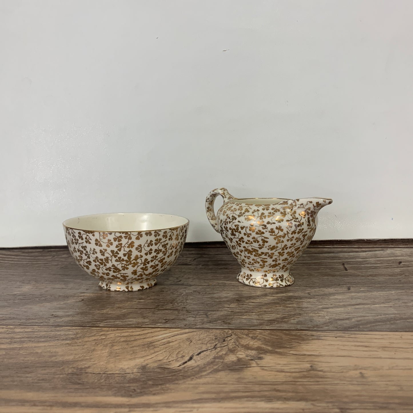Cream and Sugar Bowl with Gold Shamrock Pattern
