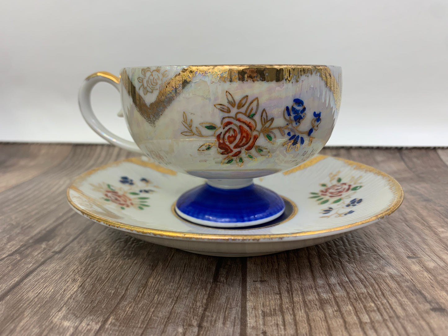 Vintage Shafford Hand Painted Teacup Blue, White and Gold