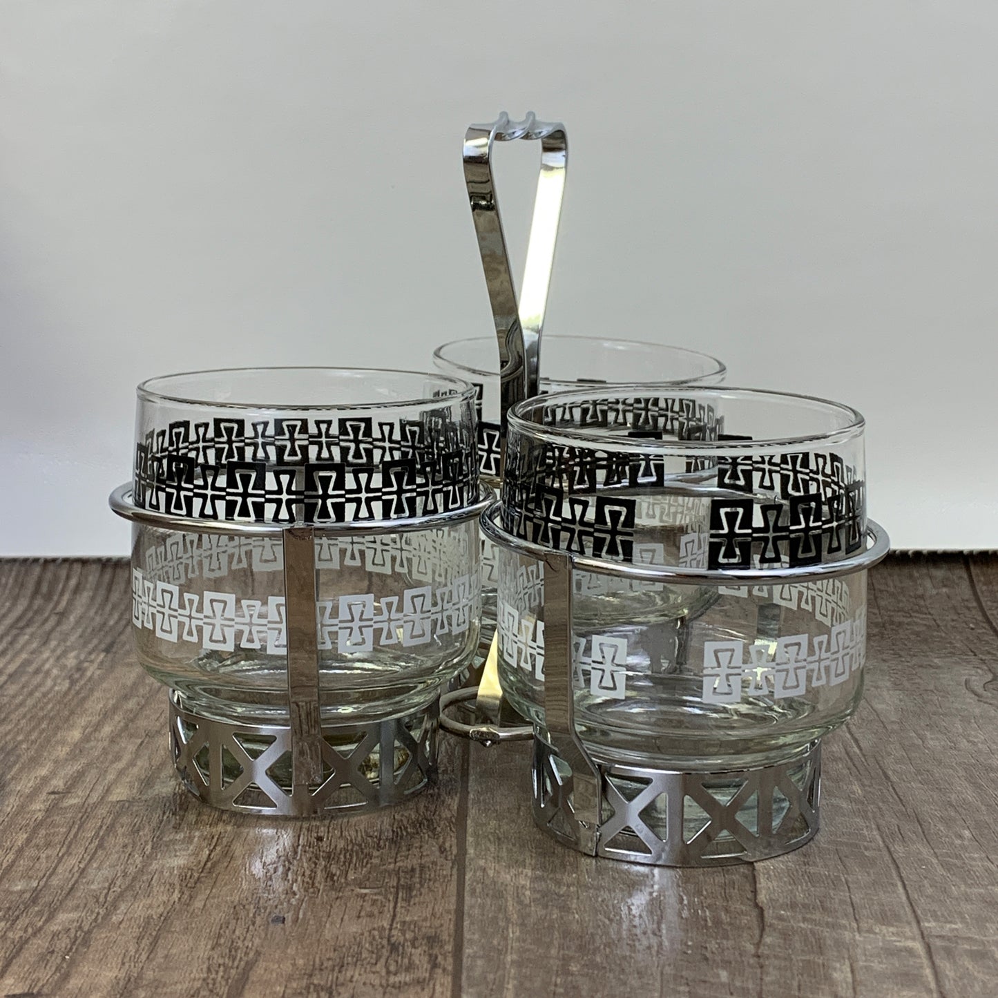 Condiment Dish with Greek Key Design and Metal Holder 3 Cup Condiment Holder