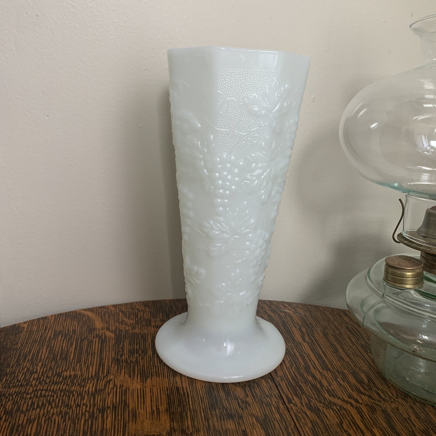 Milk Glass Vase with Raised Grape Pattern Vintage Farmhouse Milk Glass Tall Vase