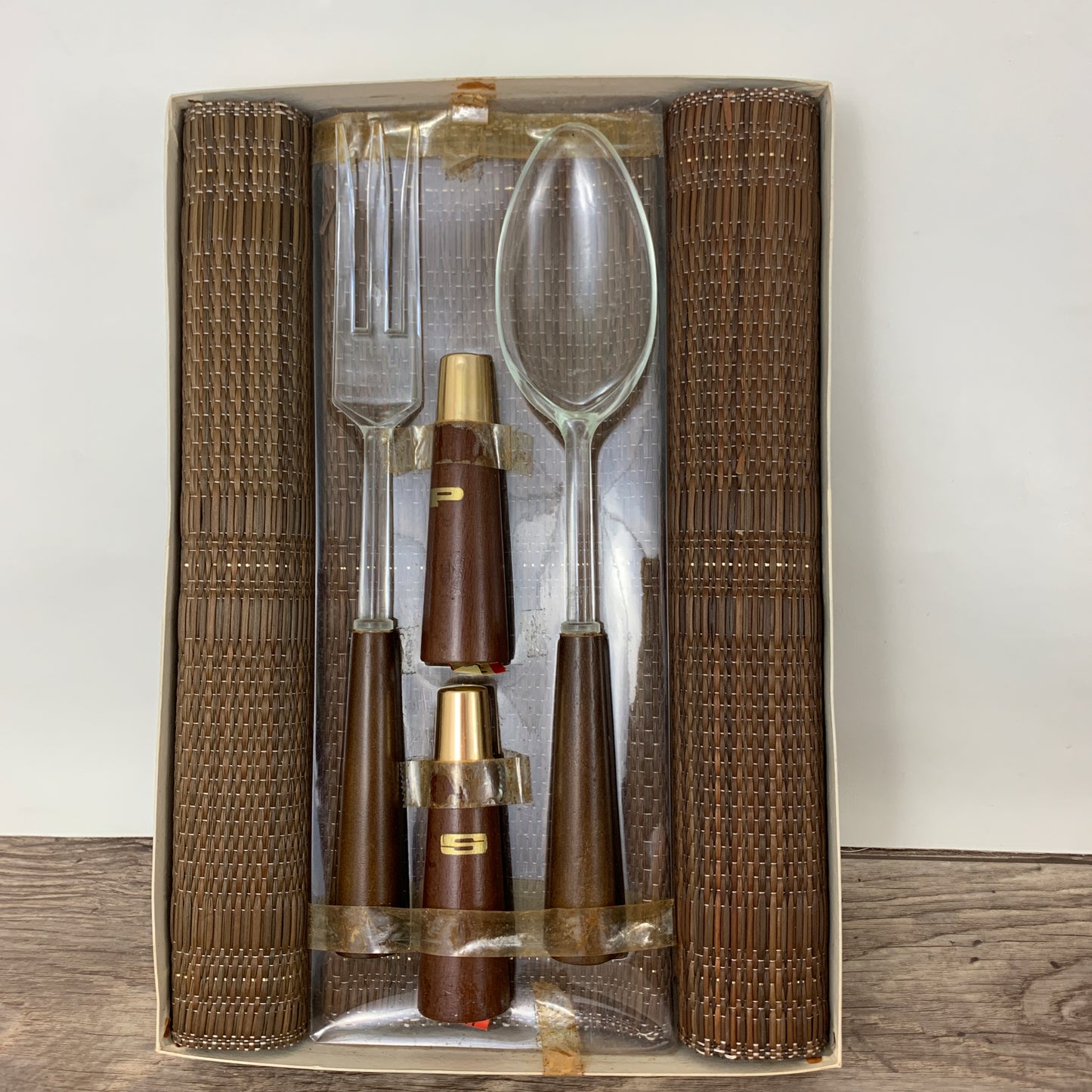 Vintage Table Set, Salt and Pepper, Grass Placemats, Salad Tongs, Boxed Hostess Set