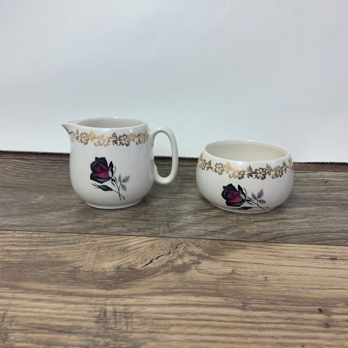 Vintage Cream and Sugar Set Black and Red Roses Lord Nelson Pottery