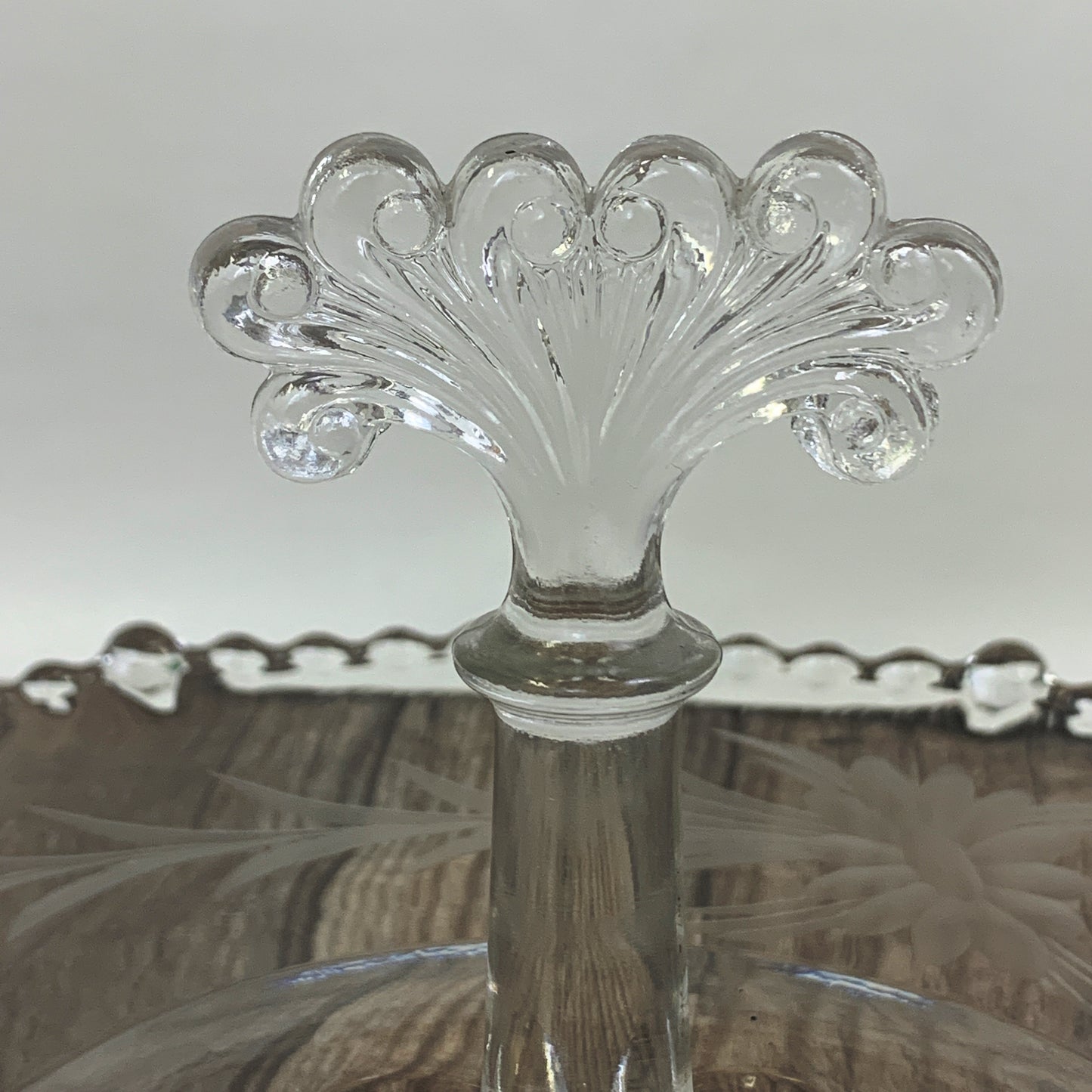 Etched Glass Dish with Center Handle Sandwich Tray Vintage Serving Tidbit Tray