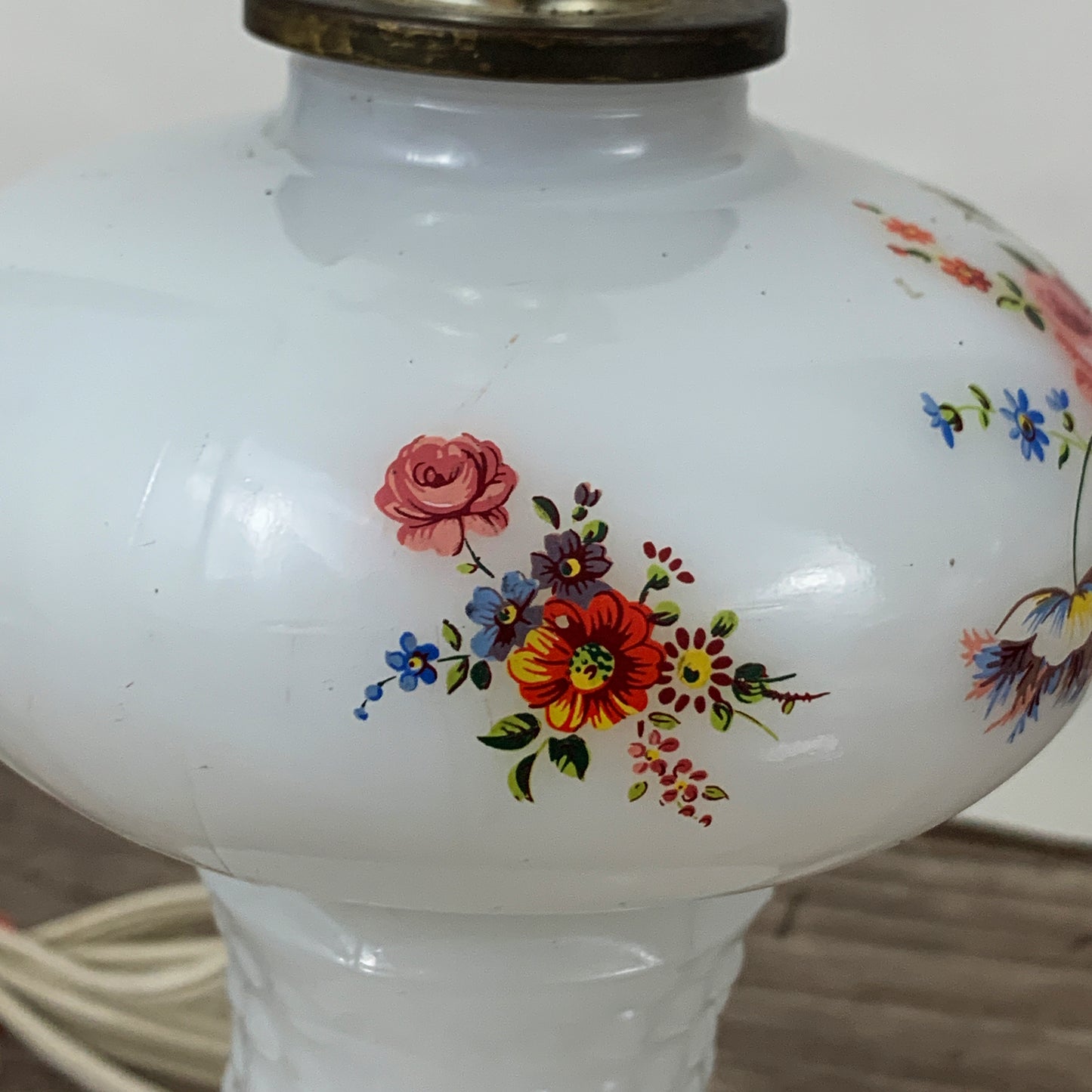 Milk Glass Lamp with Pink and Blue Flowers, Vintage Milk Glass Accent Lamp
