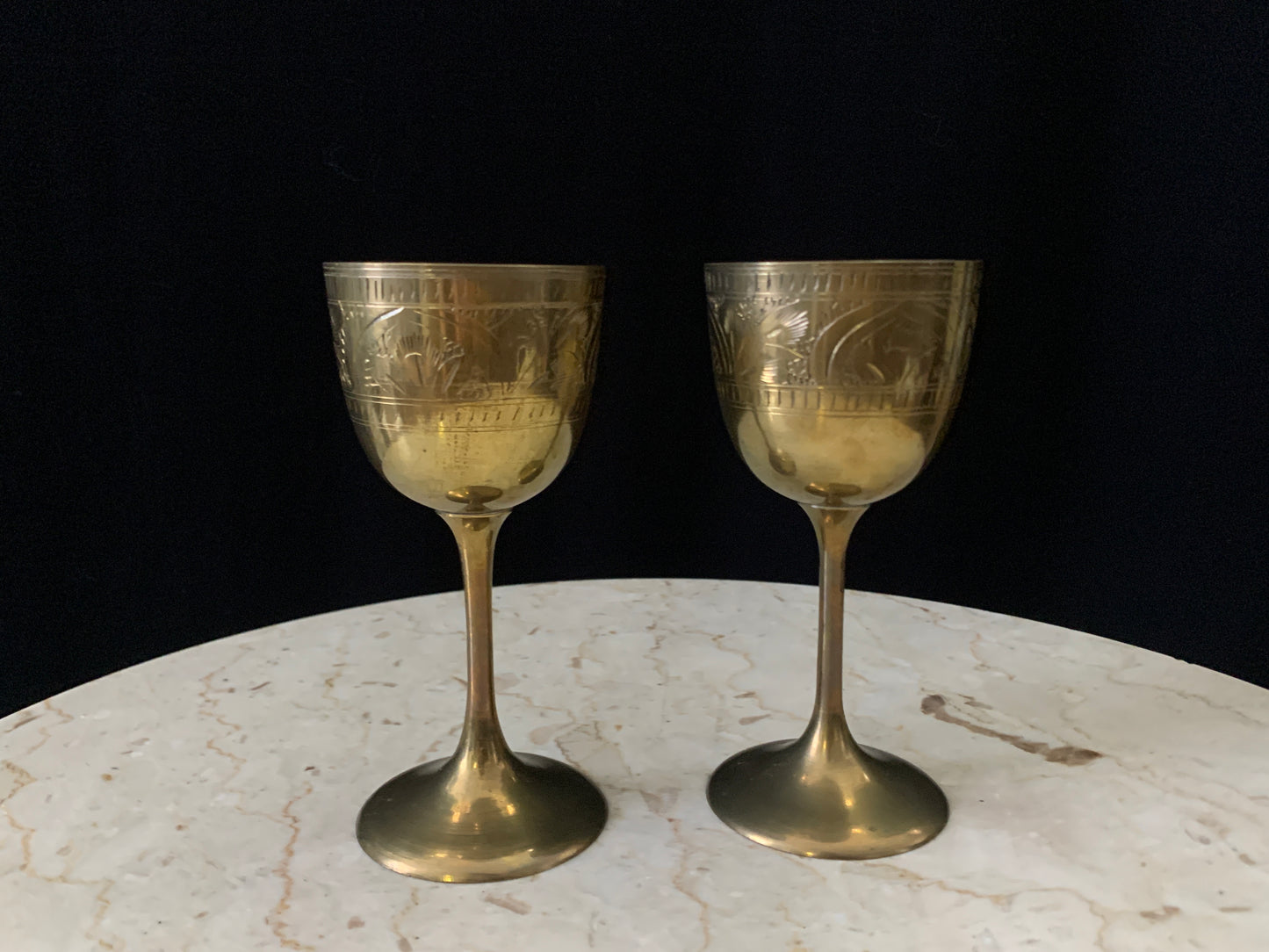 Pair of Brass Wine Goblets with Engraved Floral Design