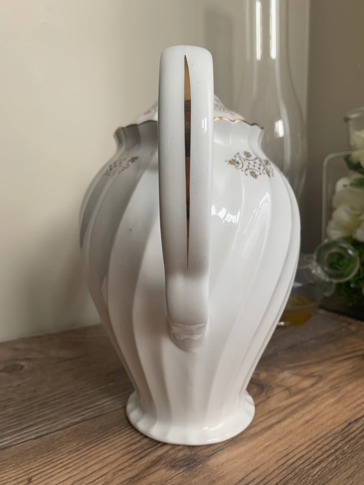 Johnson Bros White Coffee Pot with Swirled Rib Pattern Gold and Navy Pattern Tall Coffee Pot