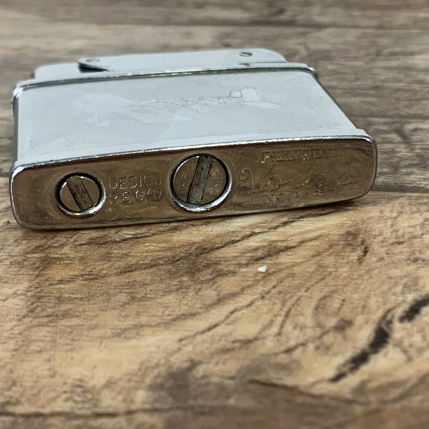 Vintage Metal Lighter with Etched Airplane Design Penguin Volks no 64610