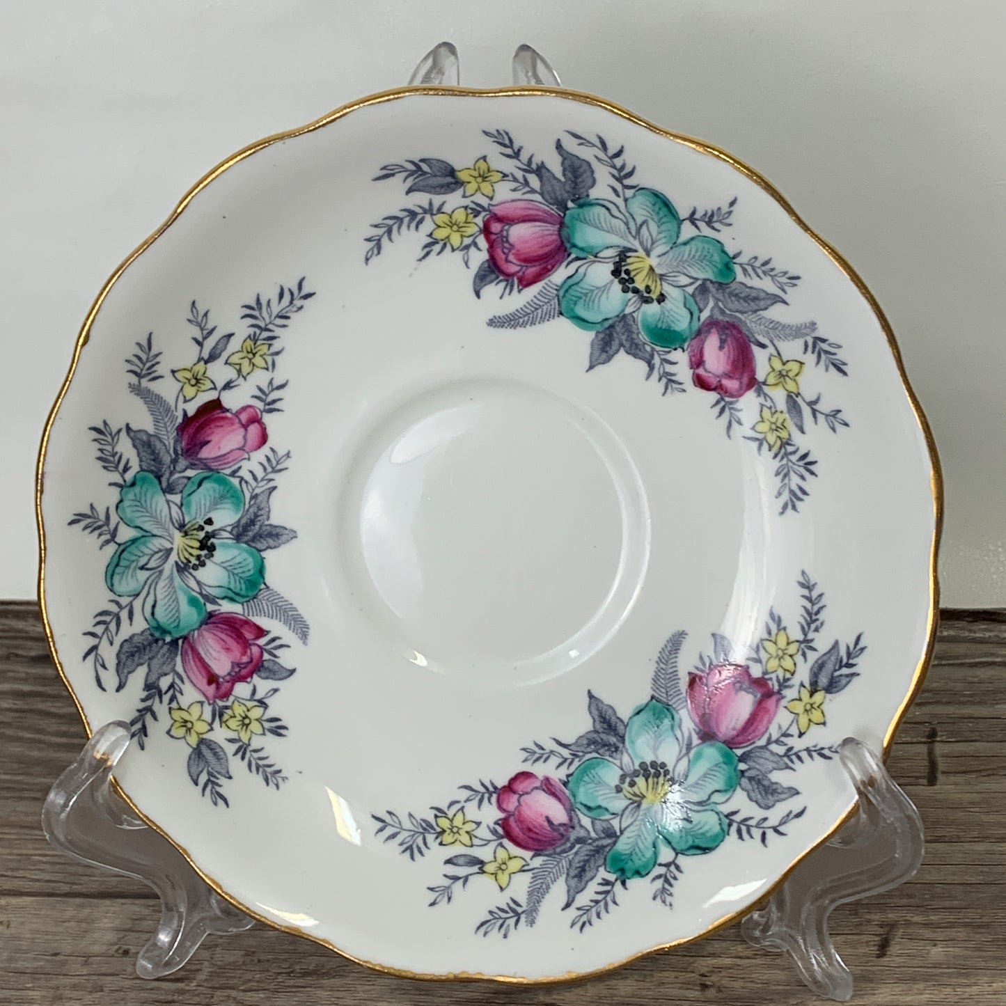 Colclough Hand Painted Teacup with Pink and Teal Flowers