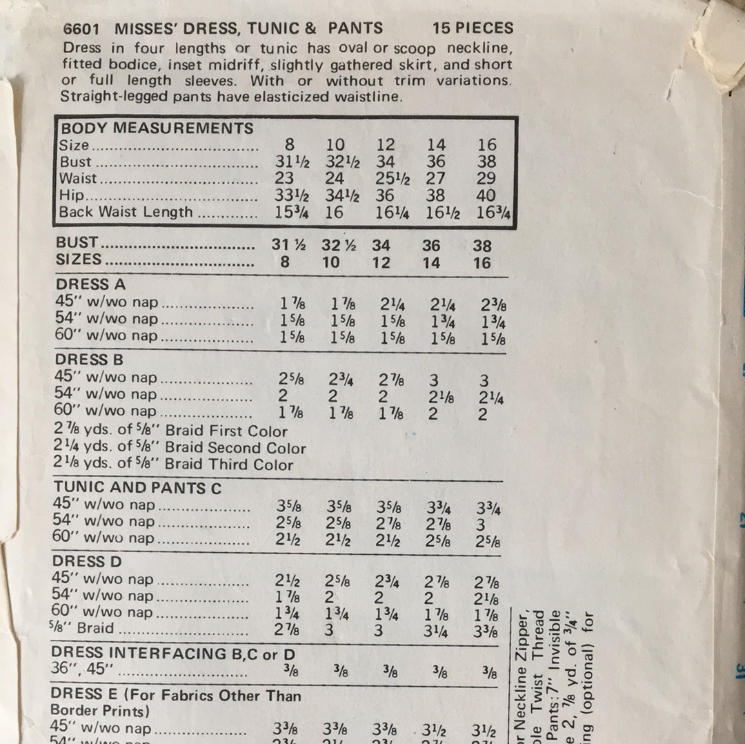 Ladies dress tunic and pants Vintage Sewing Pattern Size 14 Butterick 6601
