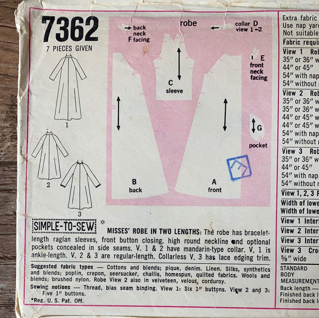 Misses Housedress Robe in Knee or Full Length Vintage Sewing Pattern Size 12 Simplicity 7362