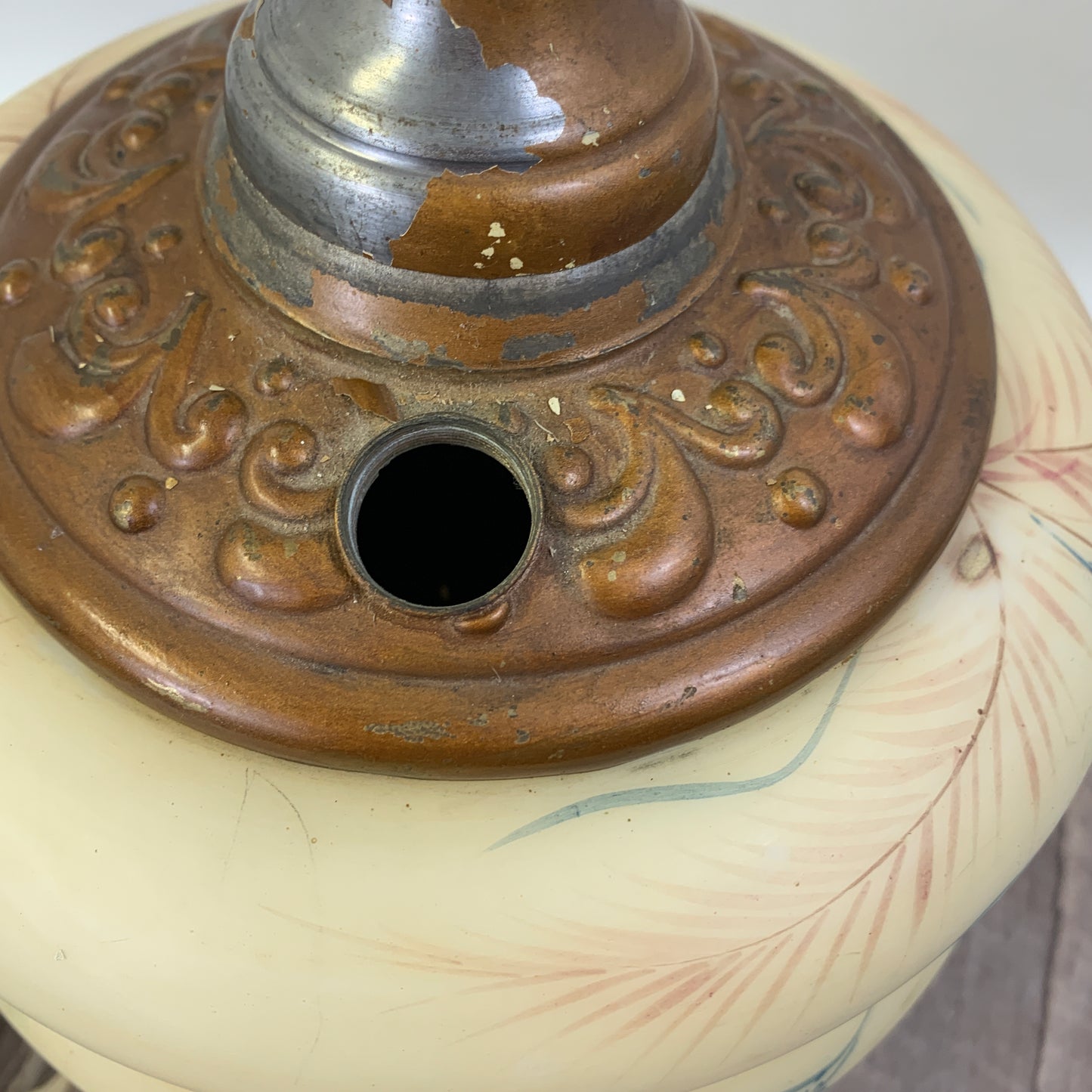 Antique Custard Glass Lamp with Cast Metal Base