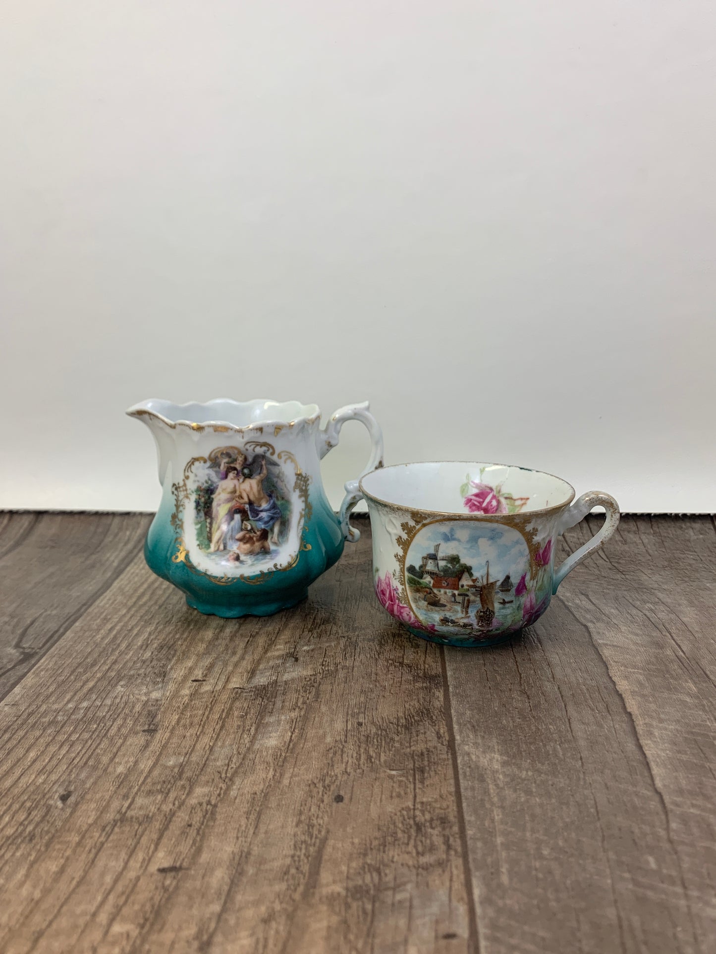 Antique Porcelain Creamer and Cup Teal and White Porcelain with Picture