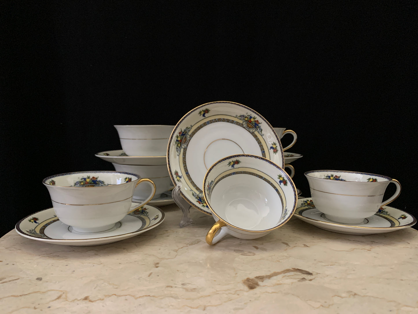 A set of 7 Vintage China Tea Cups Royal Bayruth White with Yellow, Blue, and Gold