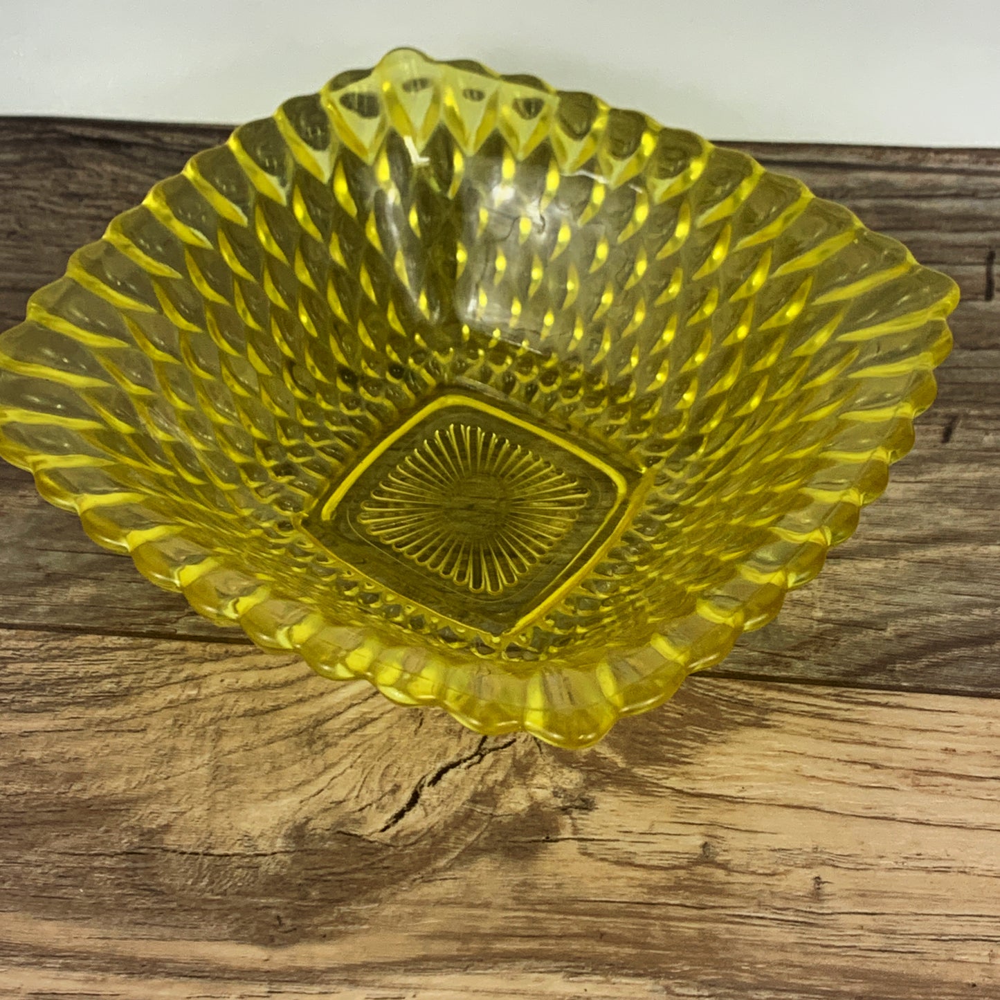 Vintage Anchor Hocking Yellow Glass Dish with Diamond Pattern, Small Square Pressed Glass Bowl