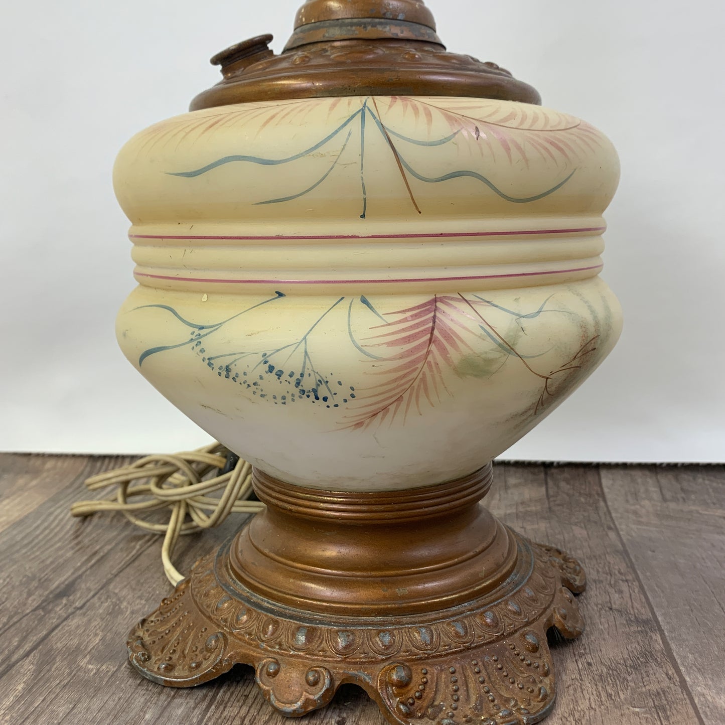 Antique Custard Glass Lamp with Cast Metal Base