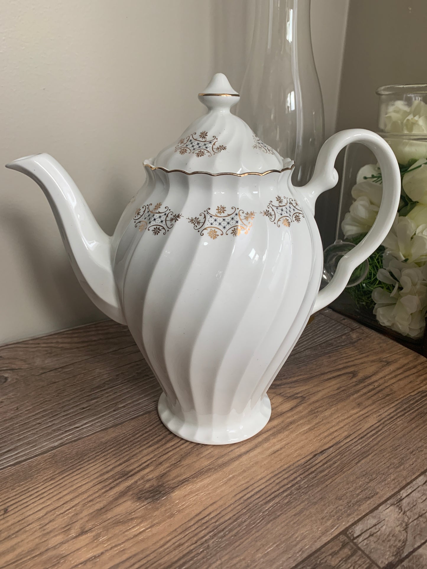 Johnson Bros White Coffee Pot with Swirled Rib Pattern Gold and Navy Pattern Tall Coffee Pot