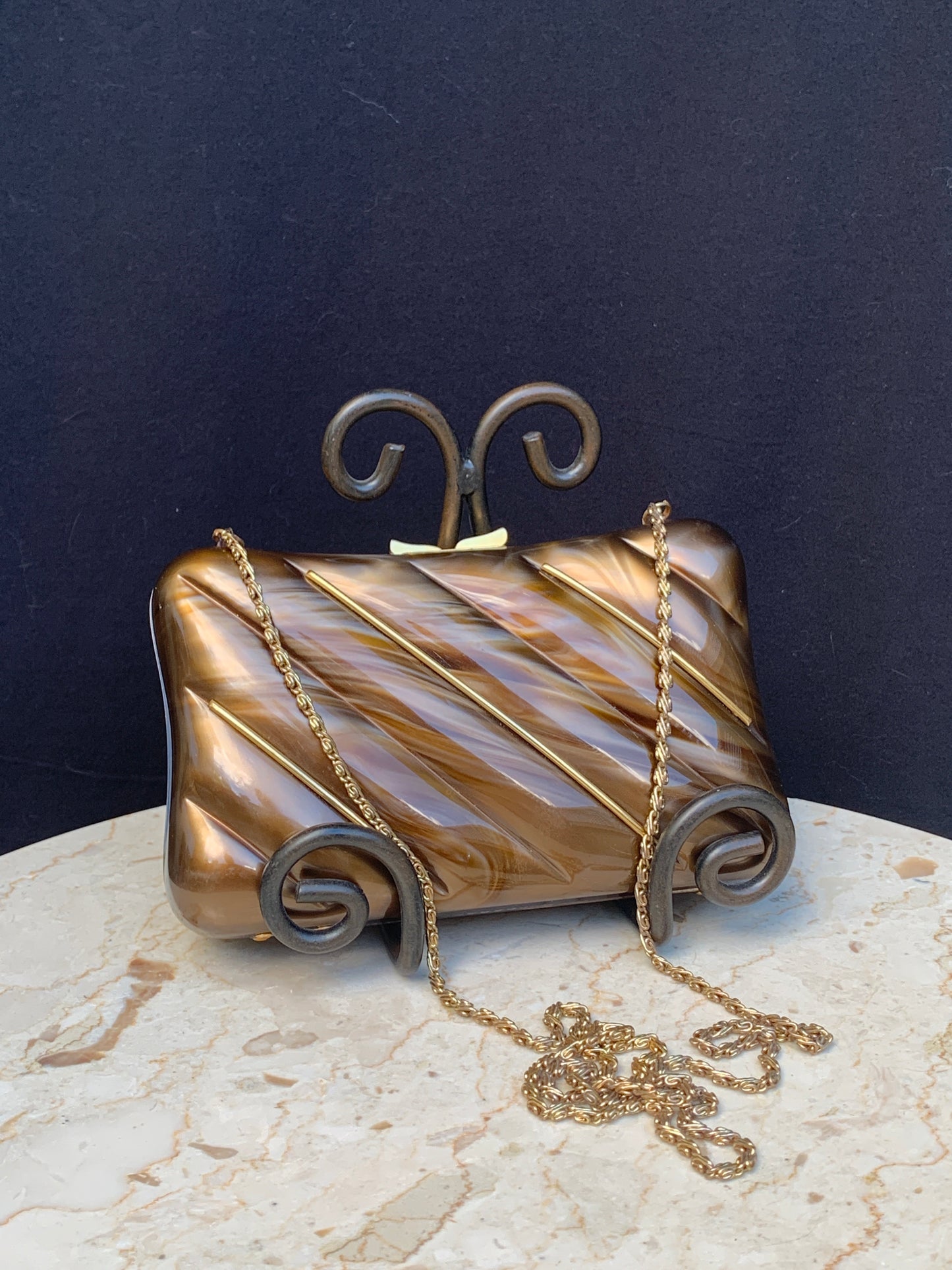 Henry Birks Vintage Clutch Brown and Gold Hard Shell Evening Bag