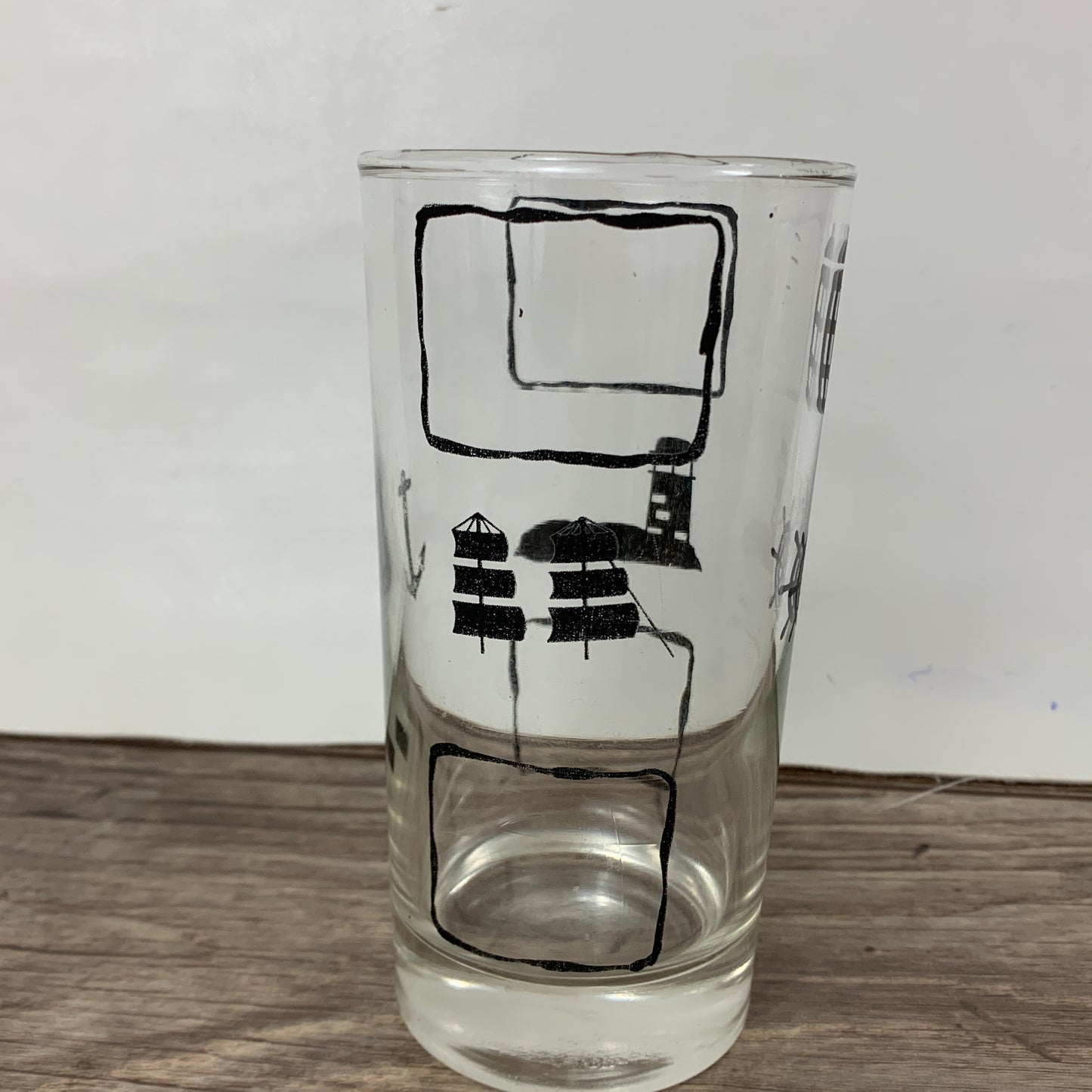 Vintage Juice Glasses with Black Nautical Design, Beach House Glasses