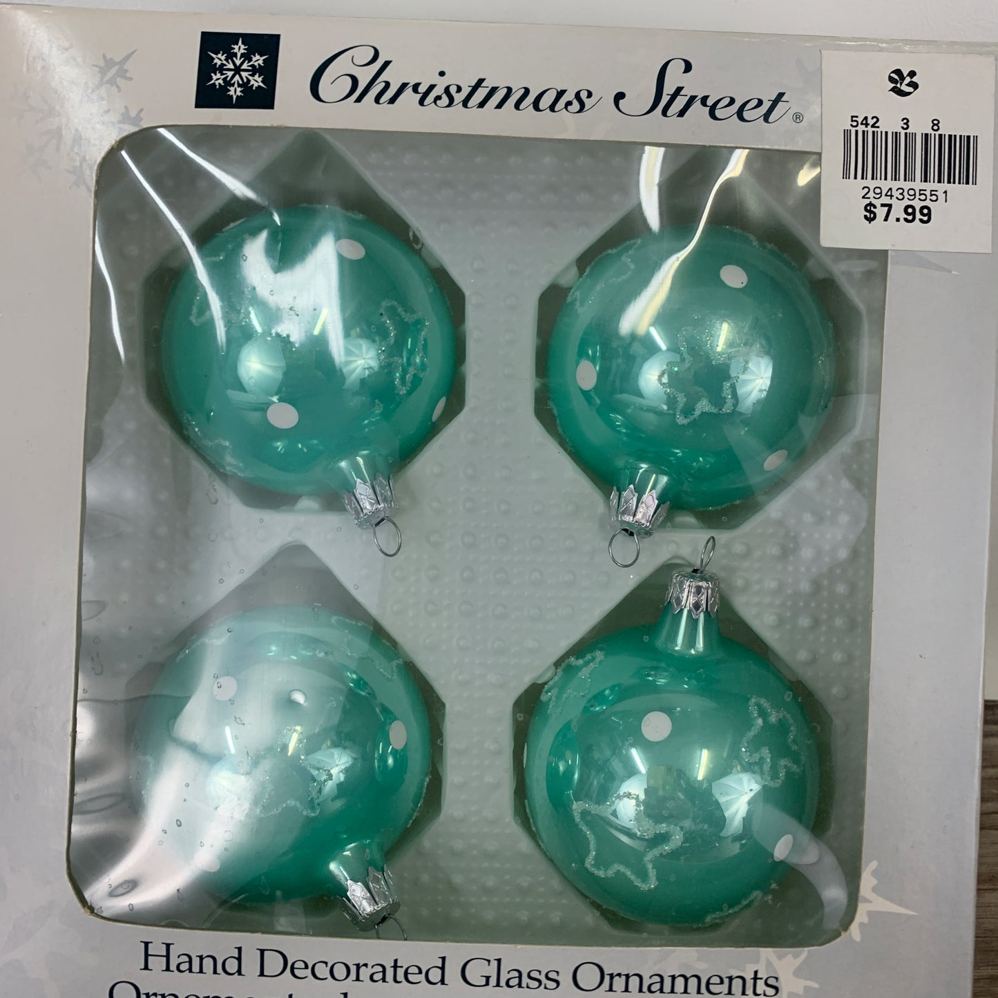 Teal Hand Decorated Glass Christmas Ornaments