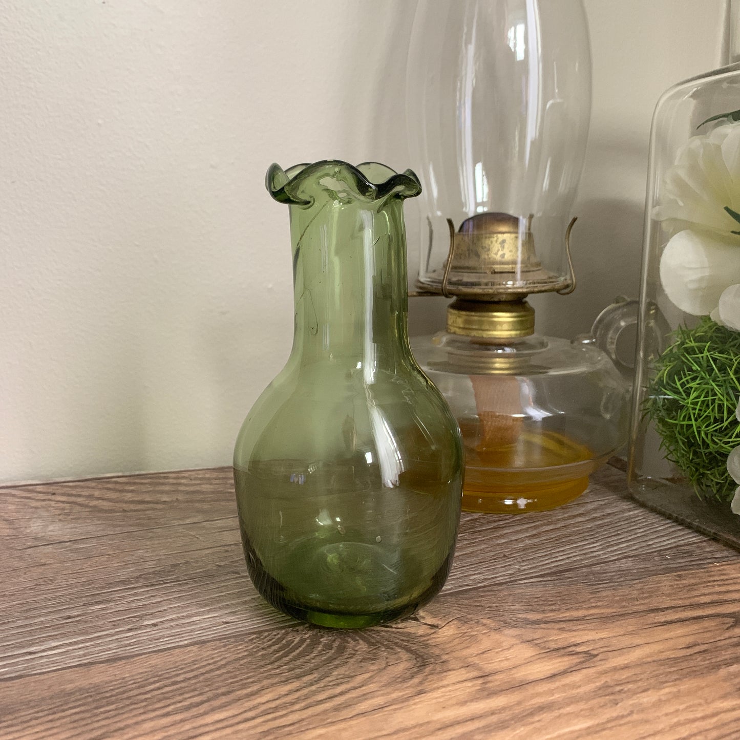 Green Blown Glass Vase, Small Glass Bud Vase with Ruffle