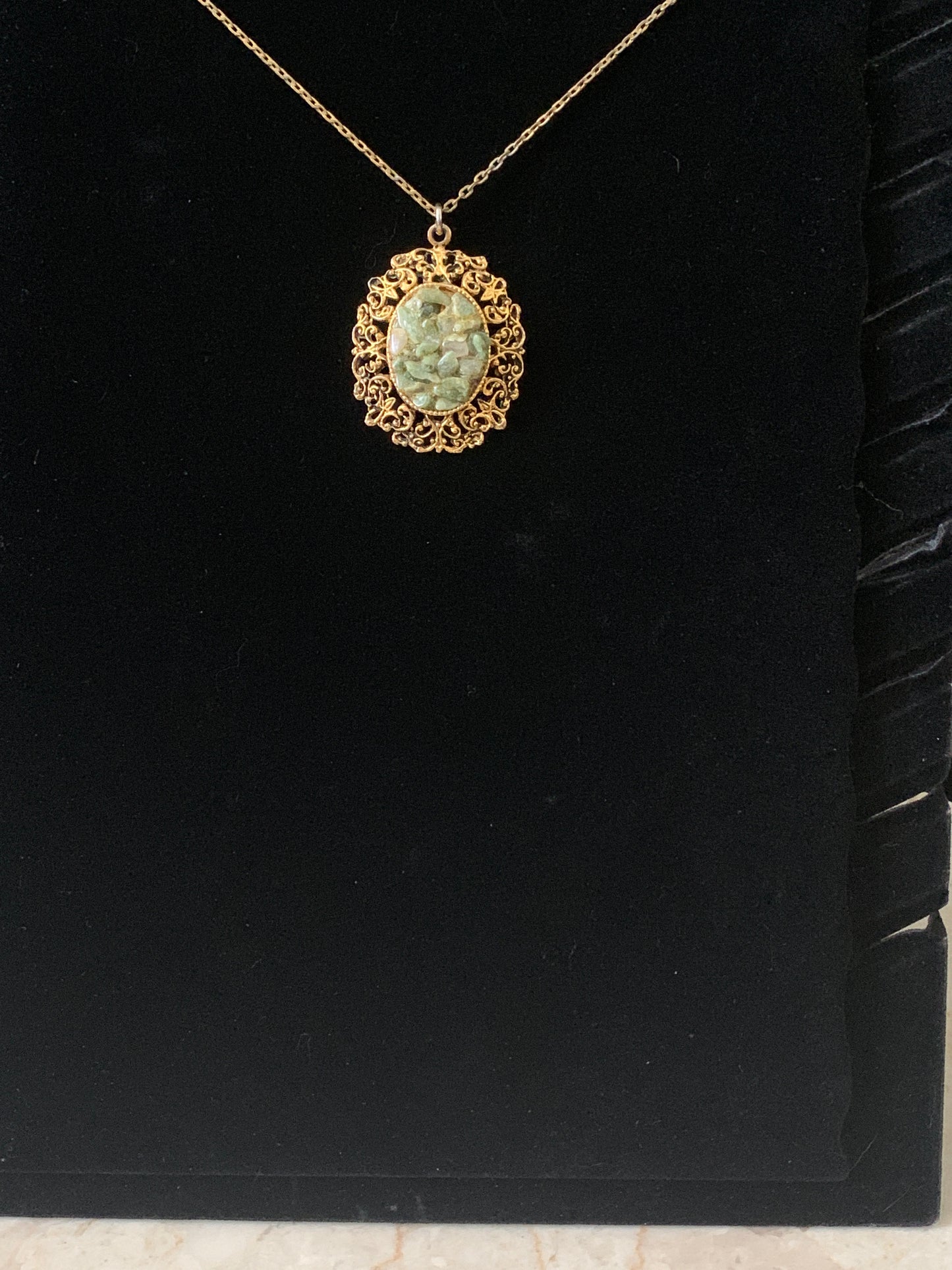 Jade Chip Necklace Large Green and Gold Pendant