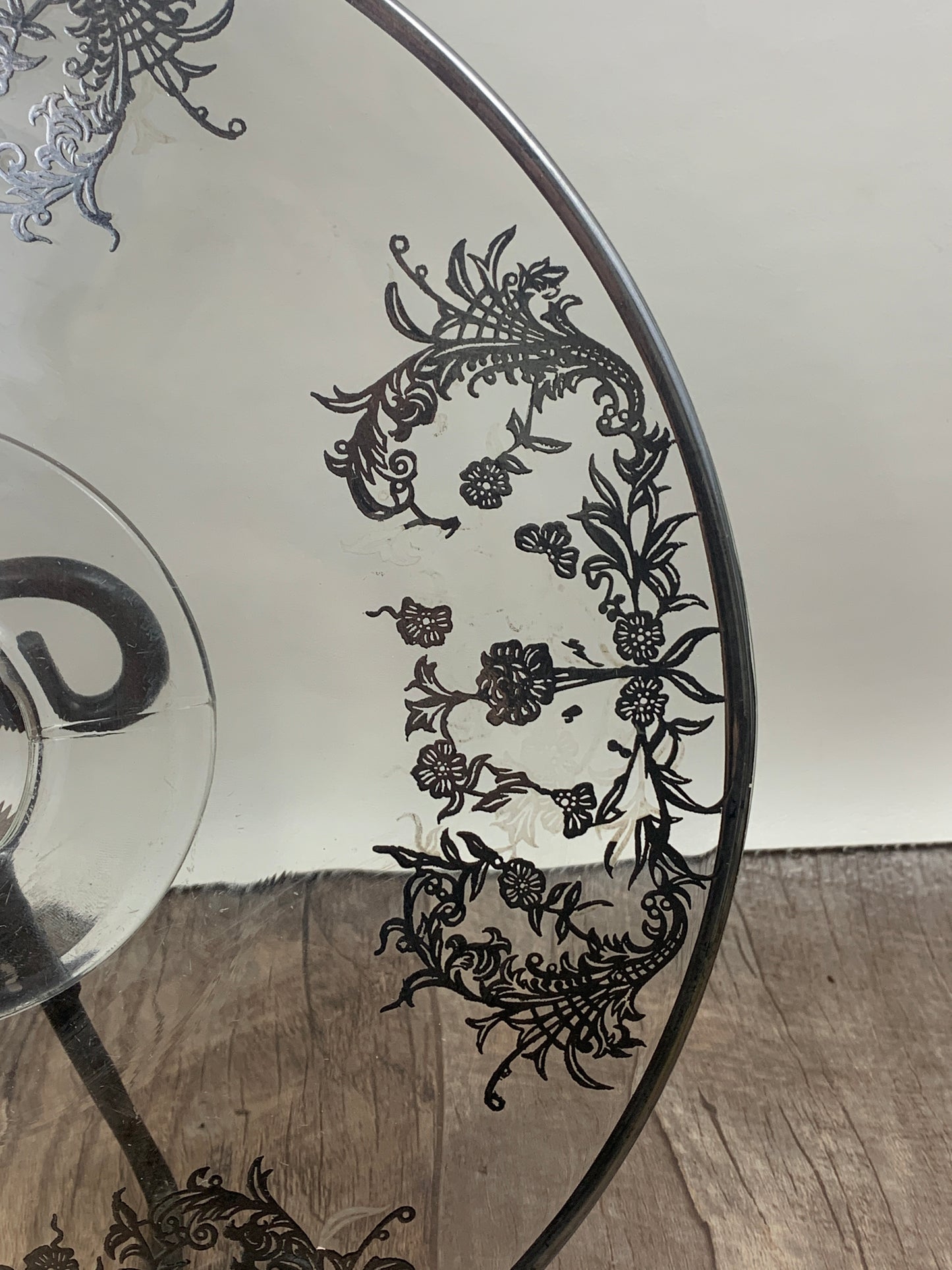 Vintage Clear Glass Cake Plate with Silver Overlay