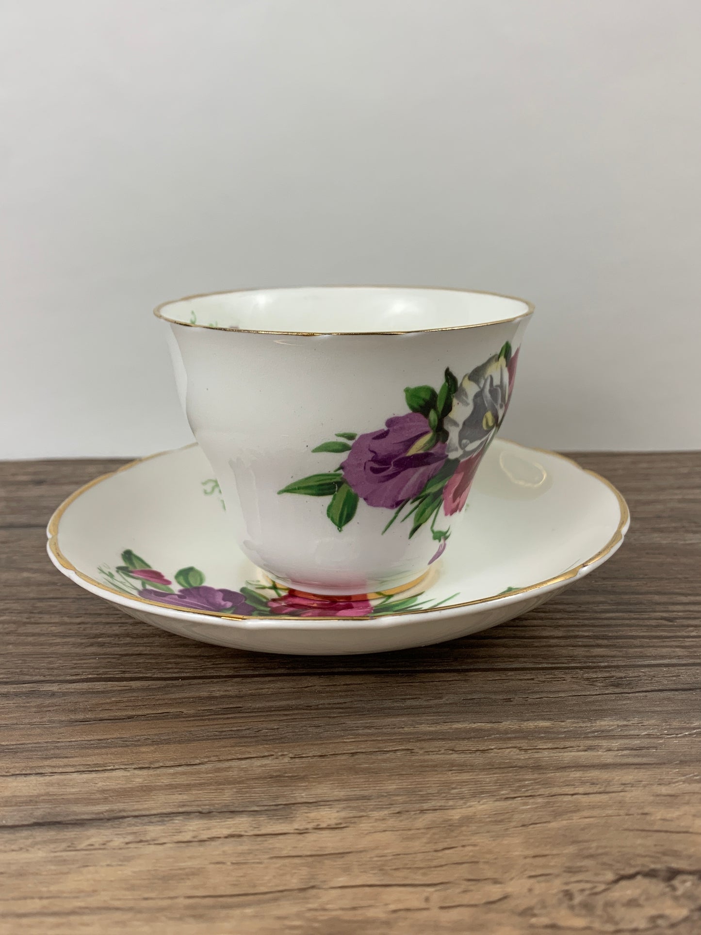 Pink, Purple, and White Floral Vintage Teacup and Saucer by Regency China