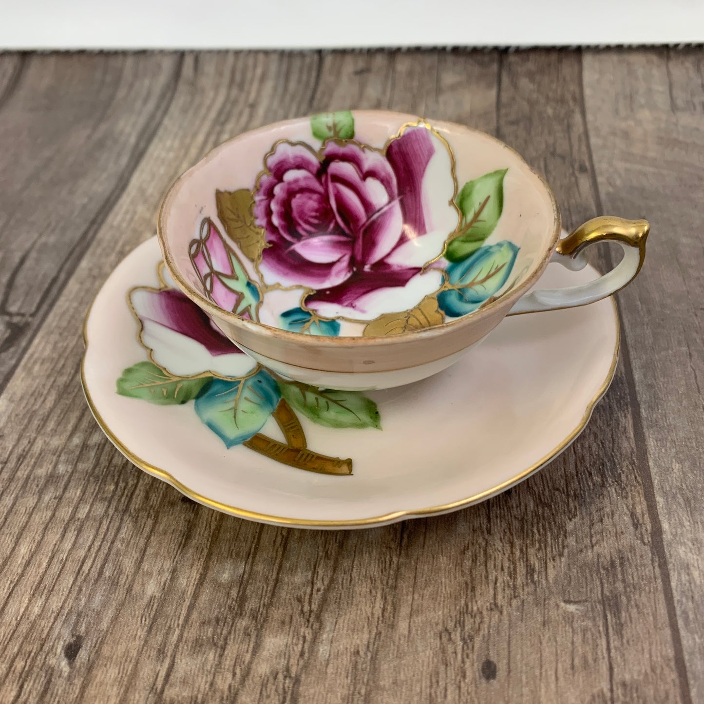 Trimont China Hand Painted Demi Tasse Cup Hand Painted Teacup and Saucer Hand Painted Pink Teacup