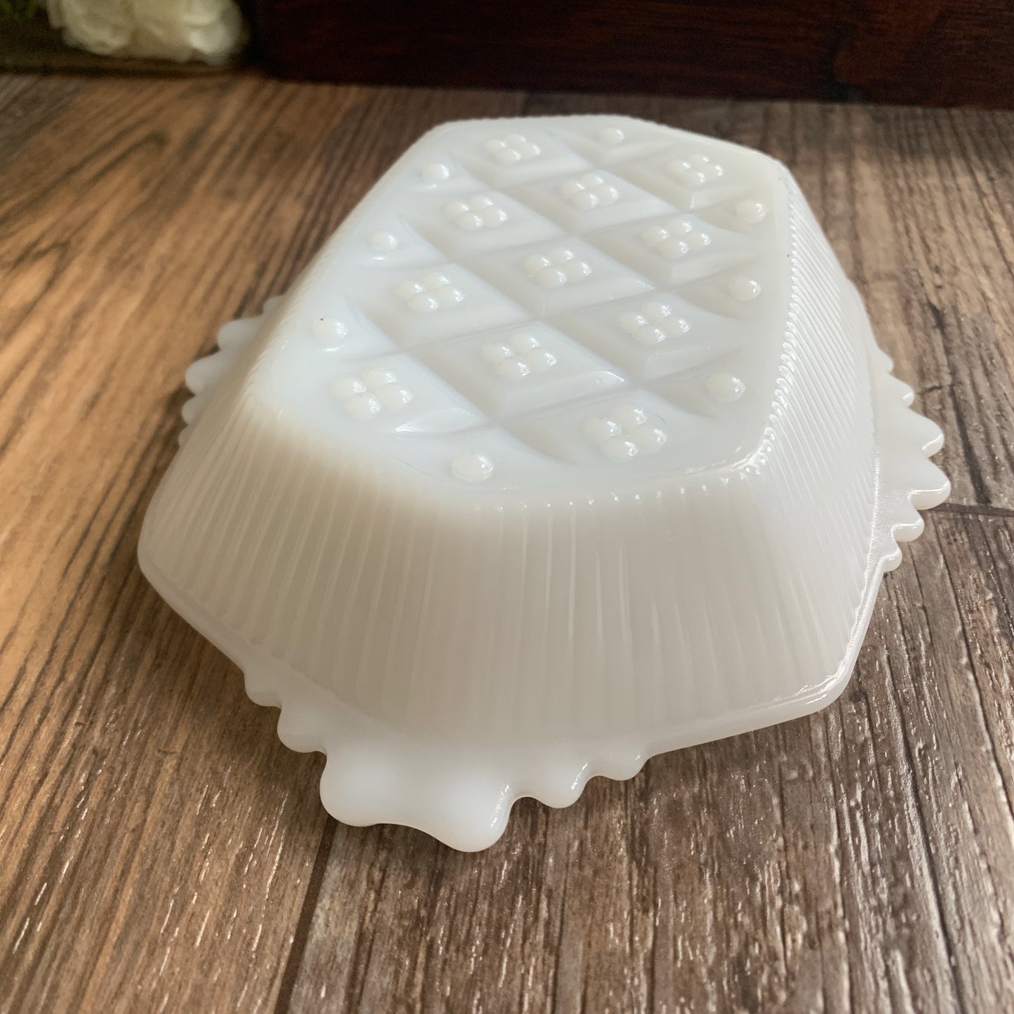Hazel Atlas Mid Century Modern Milk Glass Dish Beaded Edge