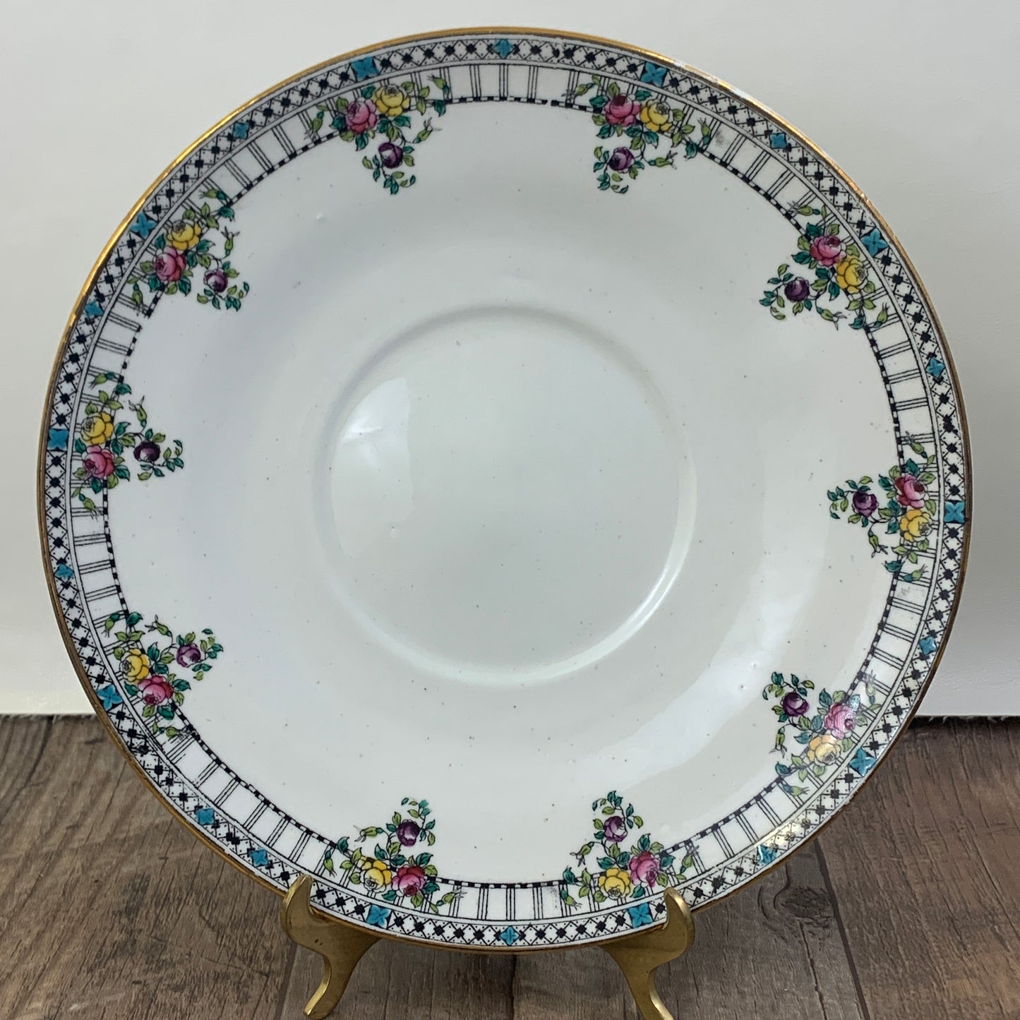 Antique Porcelain Plate with Black Border and Hand Painted Flowers Wildblood, Heath & Sons