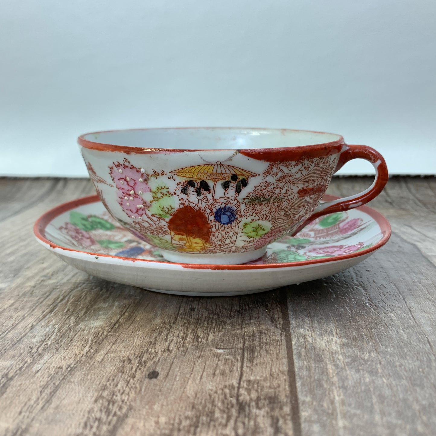 Moriage Teacup and Saucer Japanese Landscape Scene