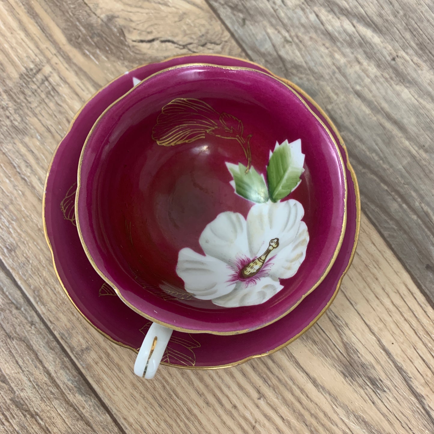 Maroon Teacup and Saucer with Hand Painted Flower Occupied Japan Teacup and Saucer