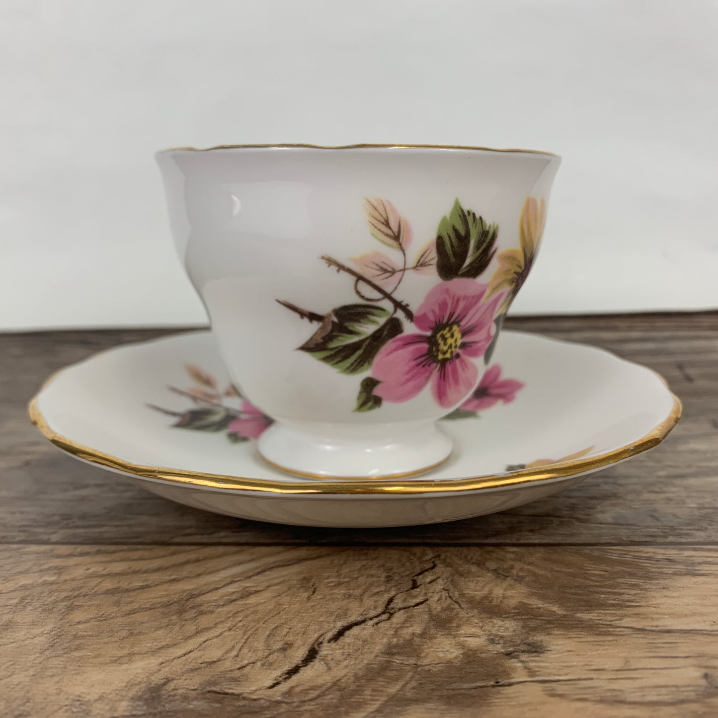 Royal Vale Vintage Teacup and Saucer Set with Pink and Yellow Floral Pattern