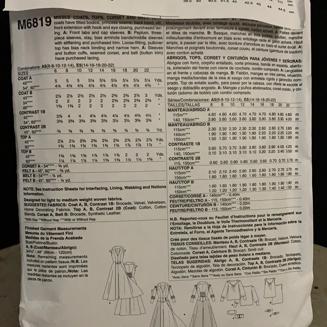 McCalls Costumes M6819 Coats, Tops, Corset, and Belt