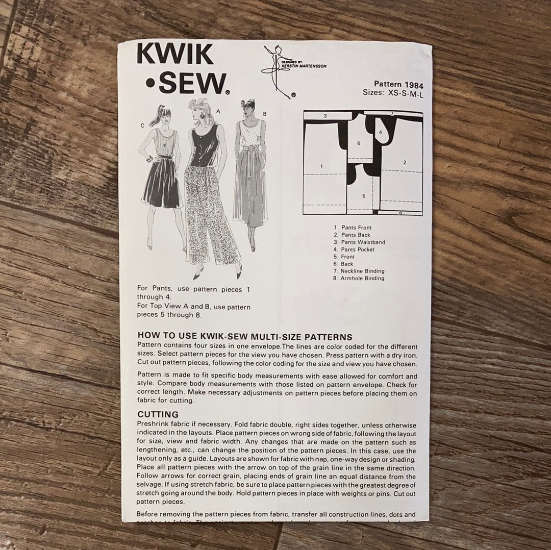 Misses Wide Leg Pants and Sleeveless Top Vintage Sewing Pattern Size XS to L Kwik Sew 1984