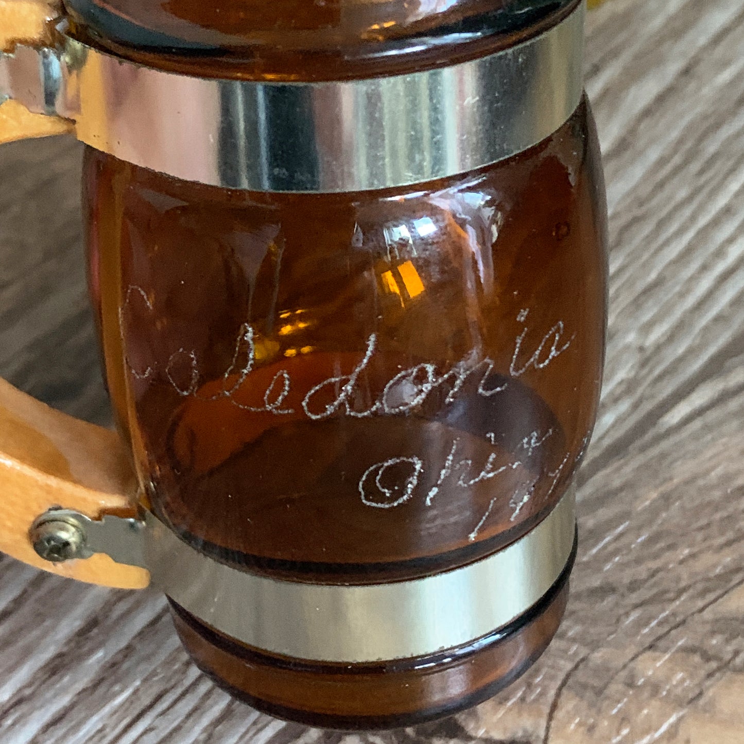 Miniature Beer Mug Travel Souvenir Caledonia, Ohio 1979 Amber Glass Wood Handle Tiny Beer Mug