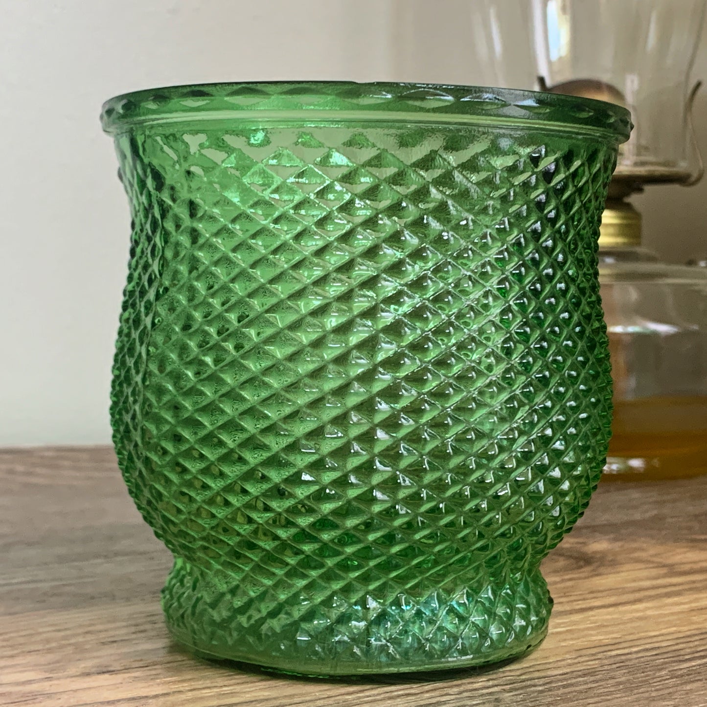 Small Green Vase with Diamond Pattern, Vintage Green Glass E O Brody Vase