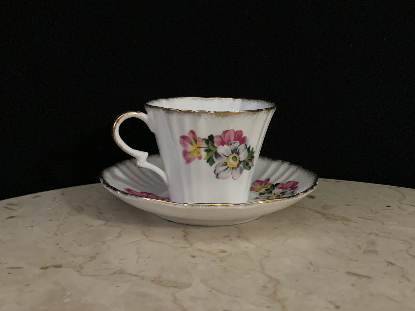 Pink and White Flower Tea Cup and Saucer with Scalloped Edge Royal Standard