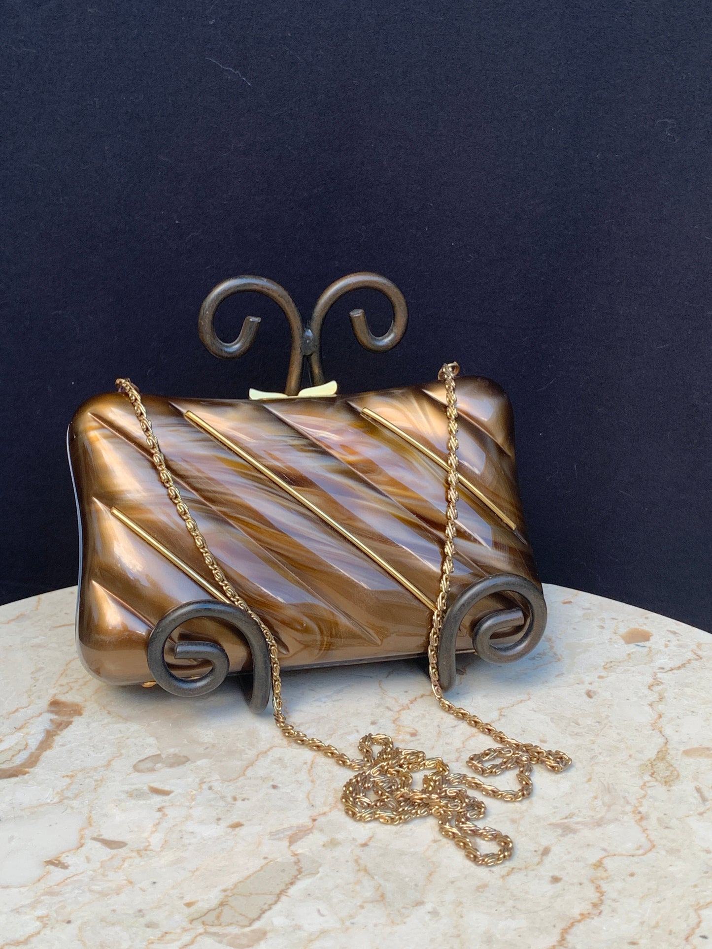 Henry Birks Vintage Clutch Brown and Gold Hard Shell Evening Bag