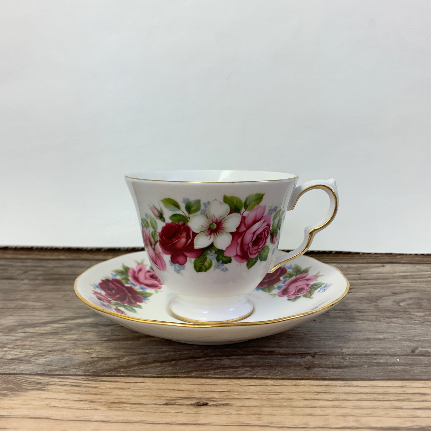 Pink, White and Red Queen Anne Vintage Teacup and Saucer Set