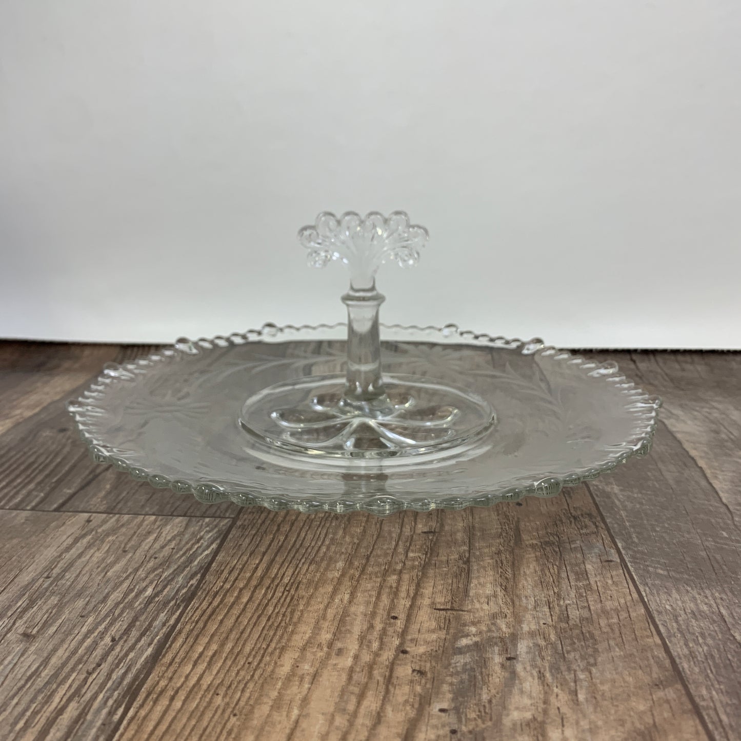 Etched Glass Dish with Center Handle Sandwich Tray Vintage Serving Tidbit Tray