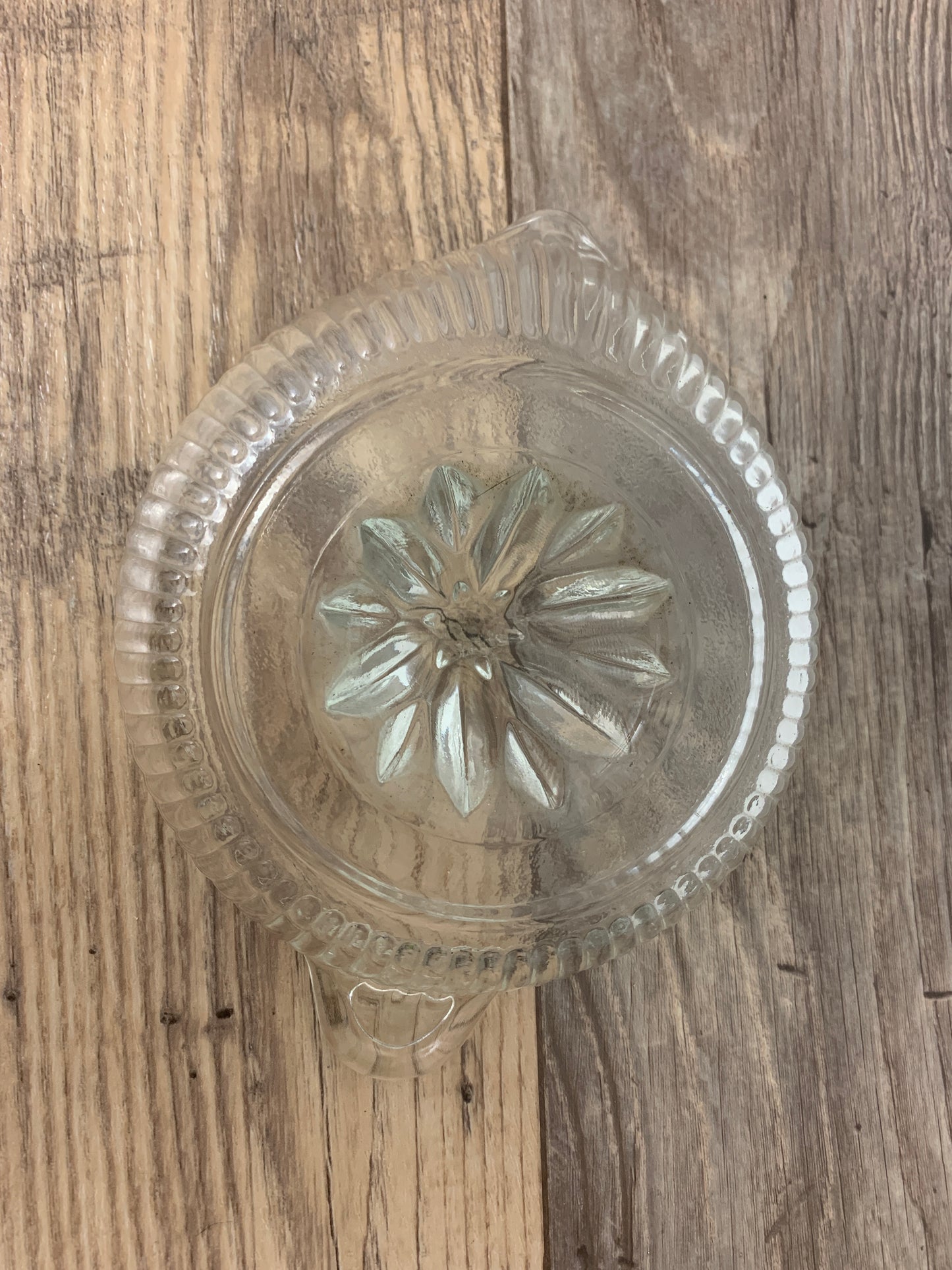 Vintage Glass Fruit Press, Large Lemon Press, Clear Glass Citrus Reamer with Ribbed Pattern