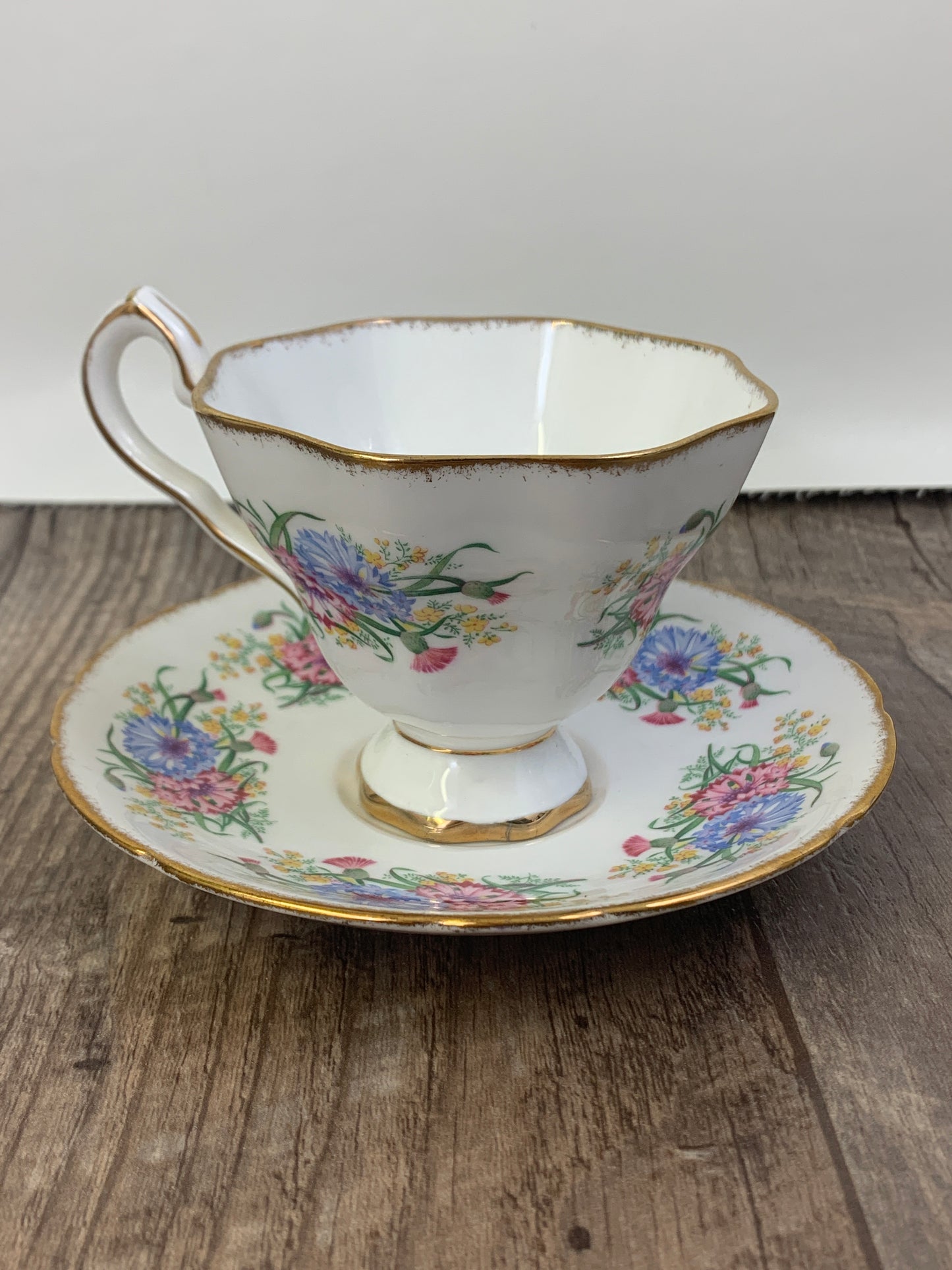 Pink and Blue Thistles Stafford Floral Tea Cup Vintage Teacup with Pink and Blue Floral Pattern