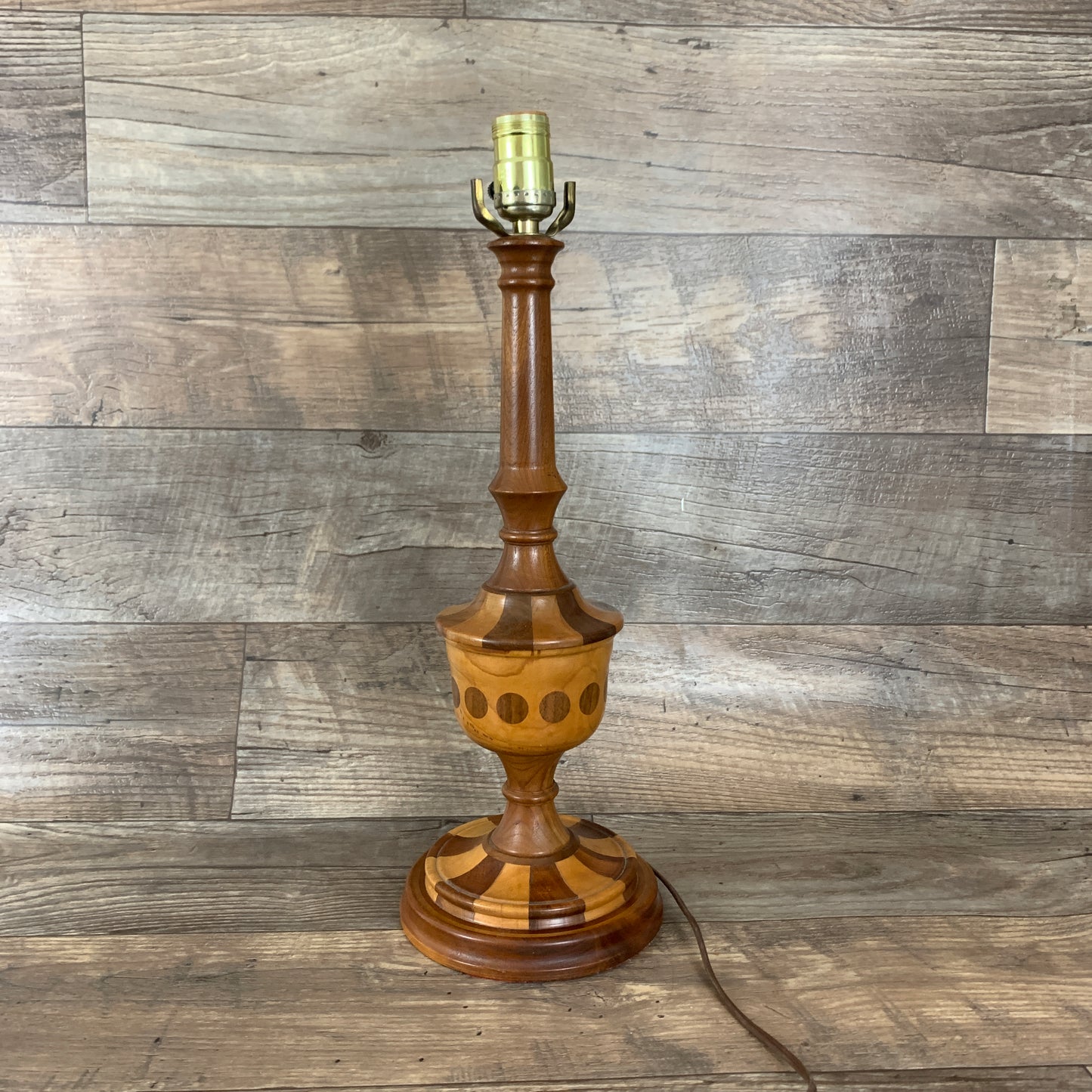 Wooden Table Lamp with Decorative Inlay, Vintage Wooden Lamp