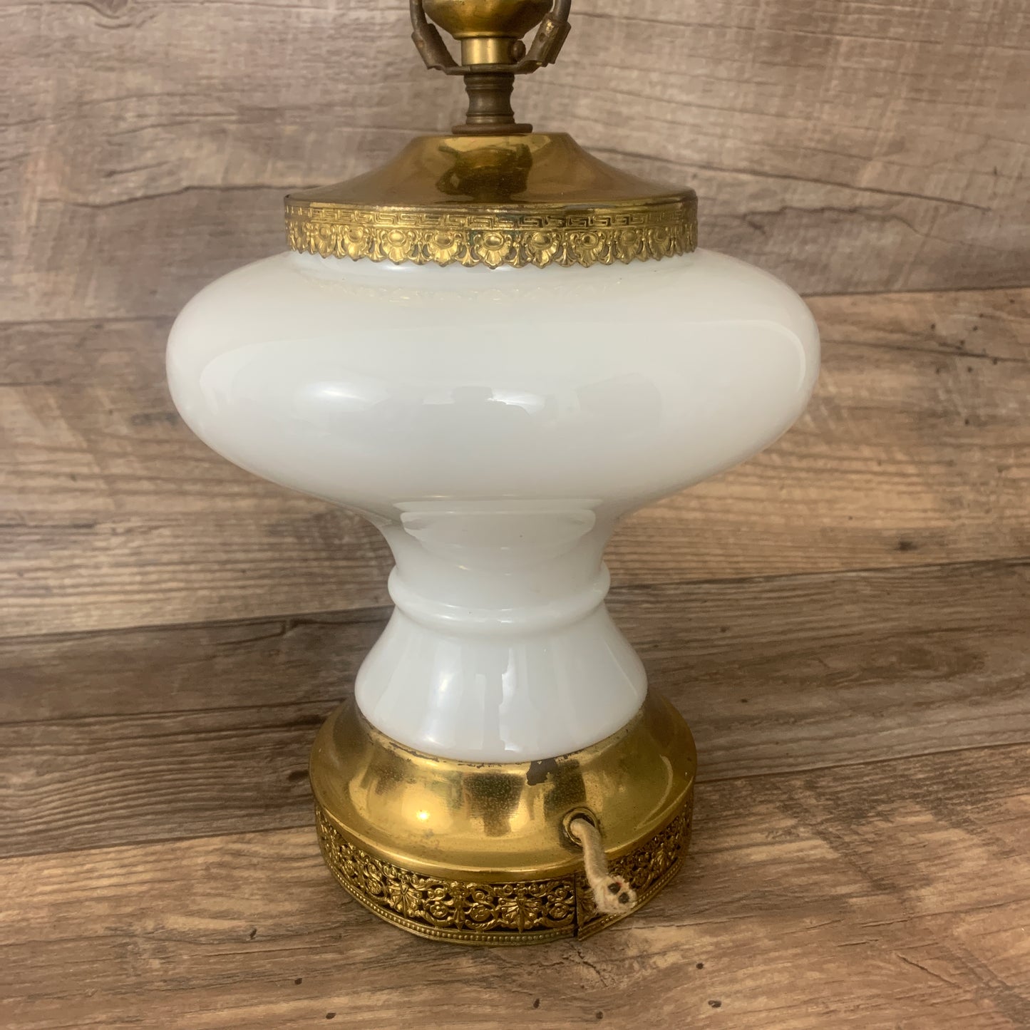 Mid Century Milk Glass Lamp, Retro Brass and White Table Lamp, Bulbous Shape