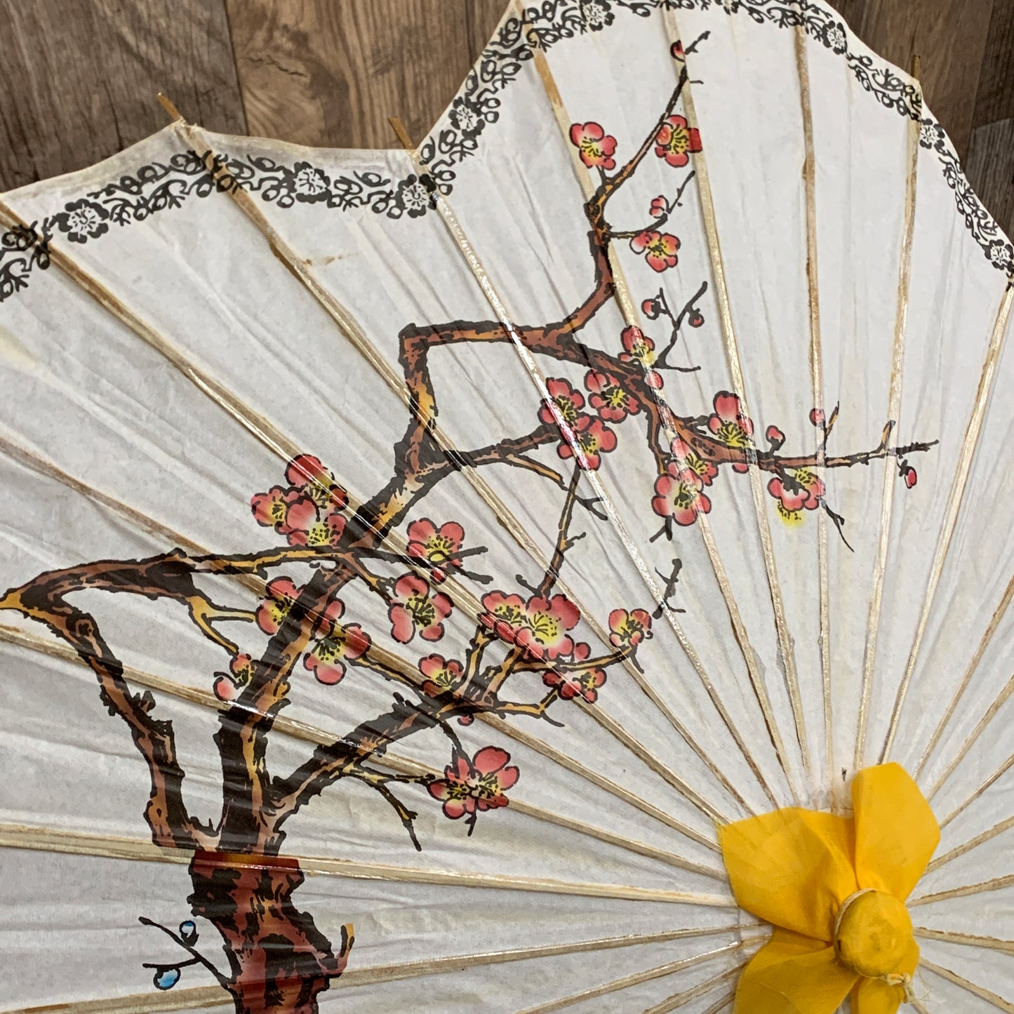 Vintage Rice Paper Parasol with Cherry Blossom Design and Scalloped Edge