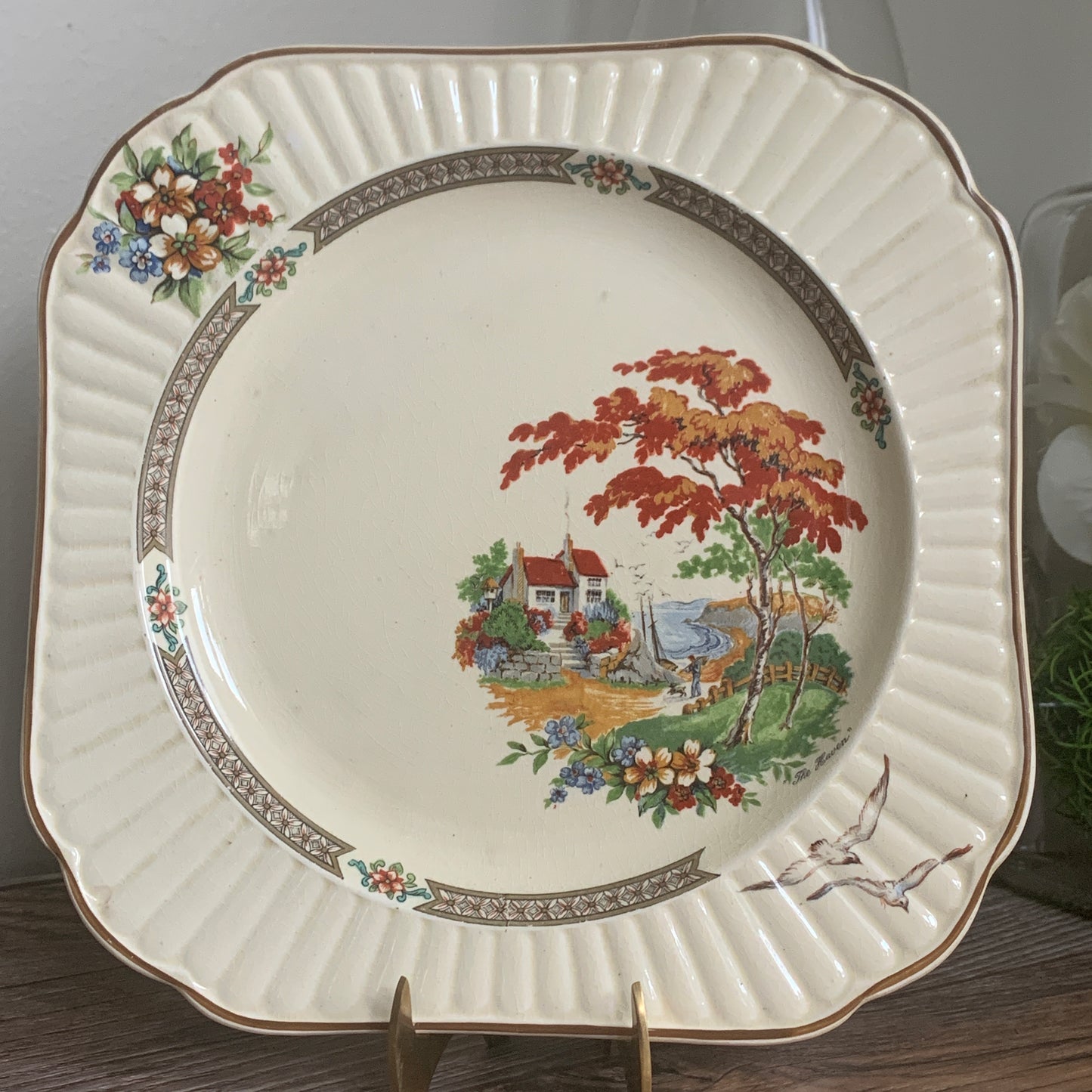 Booths China Plate with Garden Scene, Antique China Plate Vintage Farmhouse Decor